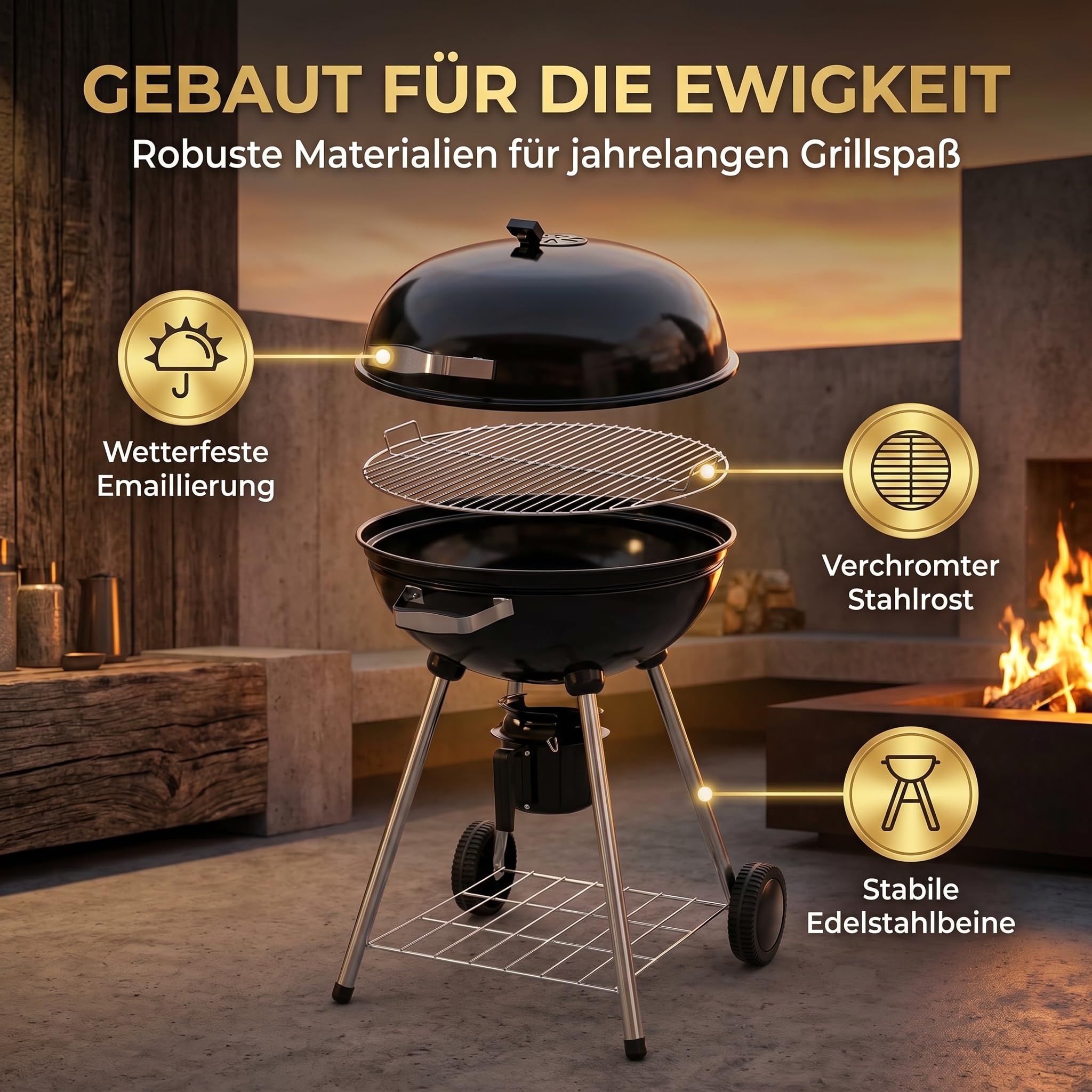 Kugelgrill 54 cm Holzkohlegrill mit Deckel & Thermo-Luftregulierung – Große Grillfläche Ø54 cm – Mobiler BBQ Grill mit Aschebehälter & Ablage – Holzkohle Standgrill für Garten & Terrasse