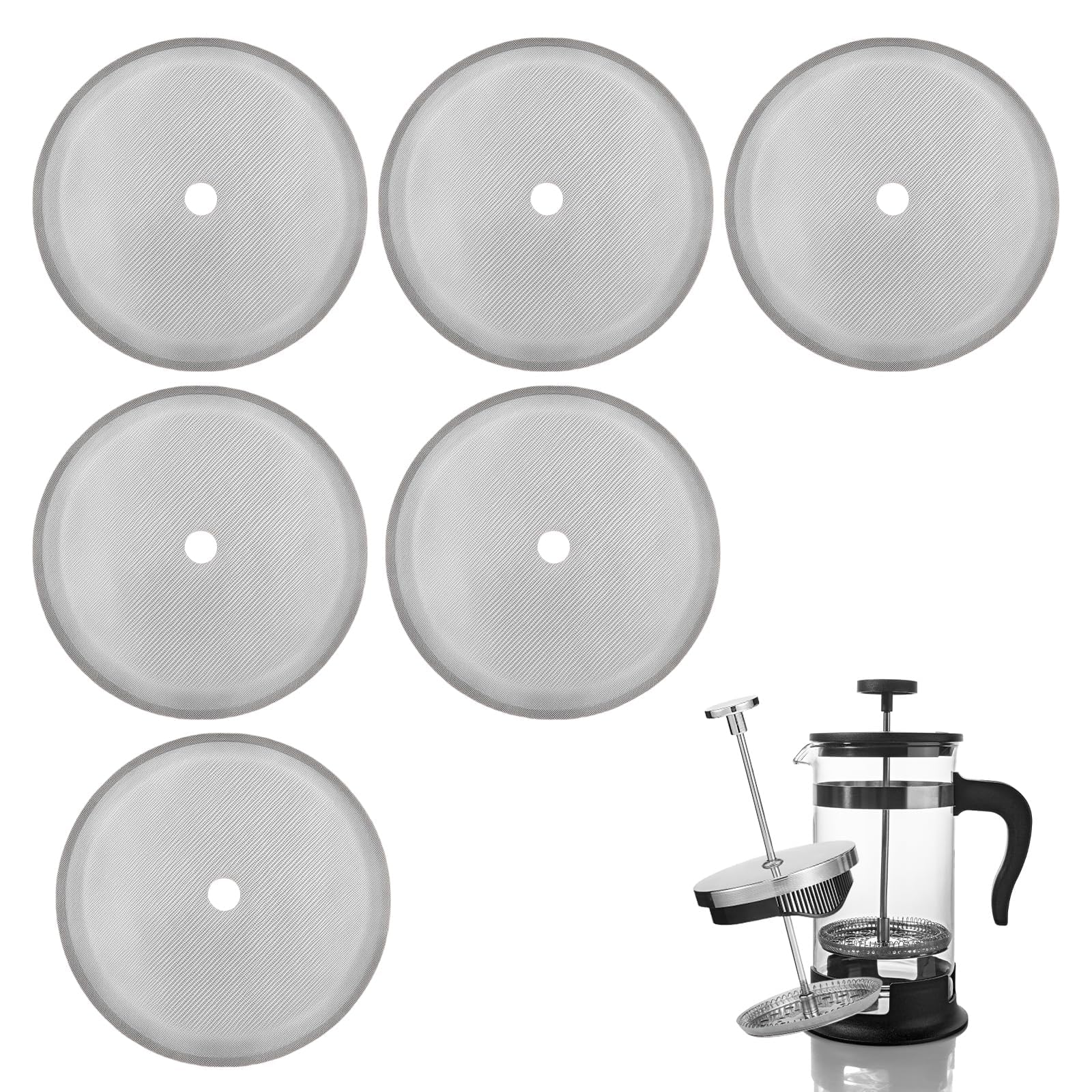 French Press Replacement Filters Stainless Steel Mesh Screen Universal 1000 ml, 34 Oz, 8 Cup Coffee & Tea Makers (6 PACK)