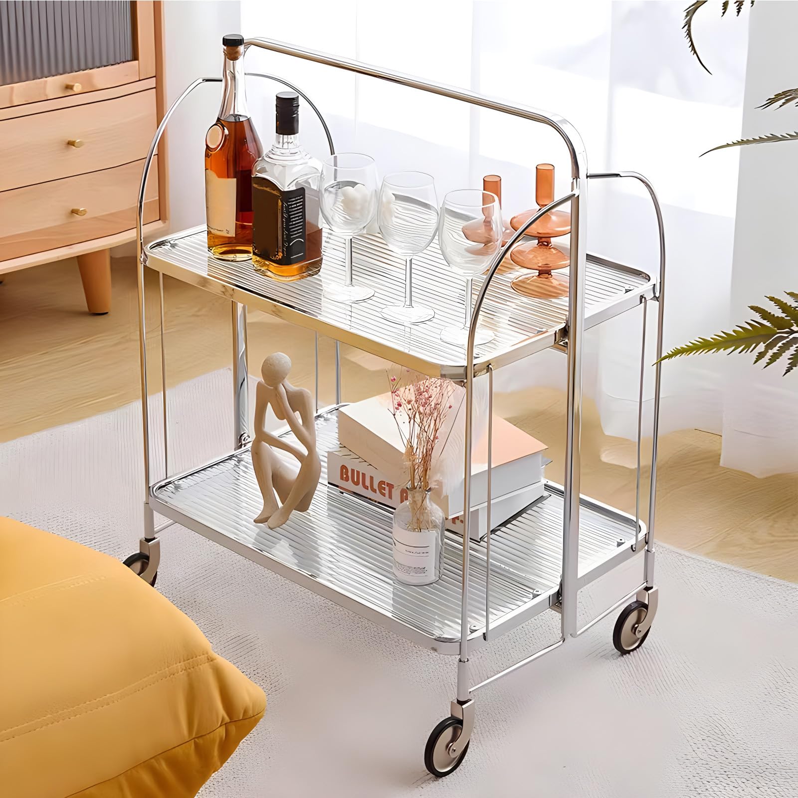 Moderno carrito de bar rodante con parte superior de cristal y marco de acero inoxidable, carrito de servir plegable de 2 niveles con ruedas para cocina o comedor, carrito de almacenamiento móvil para