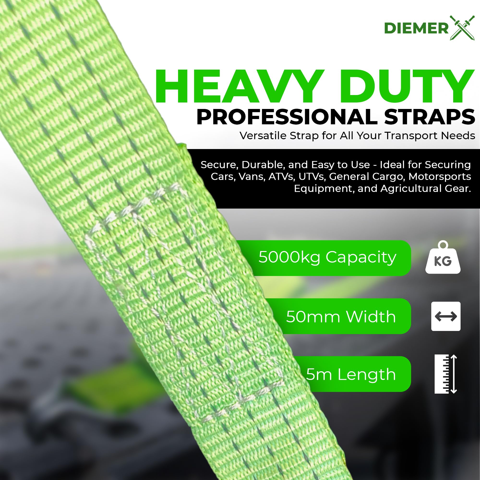 DIEMER® Set di cinghie per rimorchio e auto, con cricchetto, per veicoli di recupero, 5000 kg, 4 pezzi