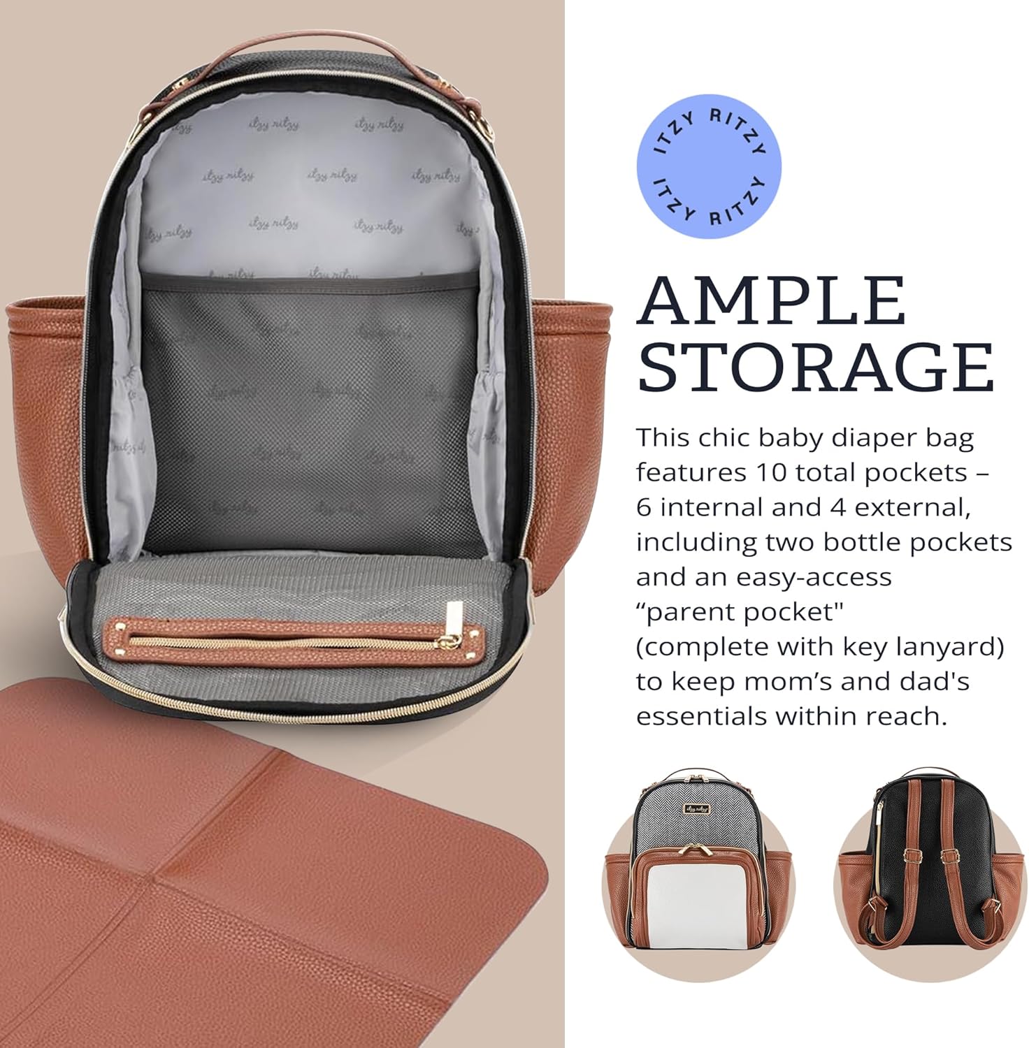 Itzy Ritzy Mini Diaper Bag Backpack – Chic, Compact Mini Plus Backpack with Changing Pad, 10 Pockets (6 Internal, 4 External), Grab-Top Handle & Rubber Feet (Coffee & Cream) - Image 5