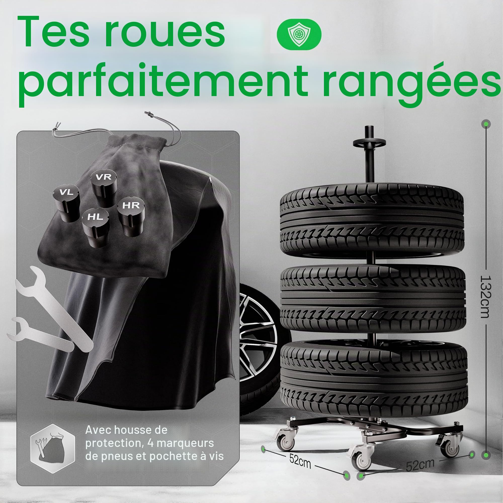 Felgenbaum XL avec housse de protection | Support à pneus mobile pour 4 pneus de voiture jusqu'à 285 mm de largeur et 24 pouces | Rangement stable et peu encombrant pour pneus