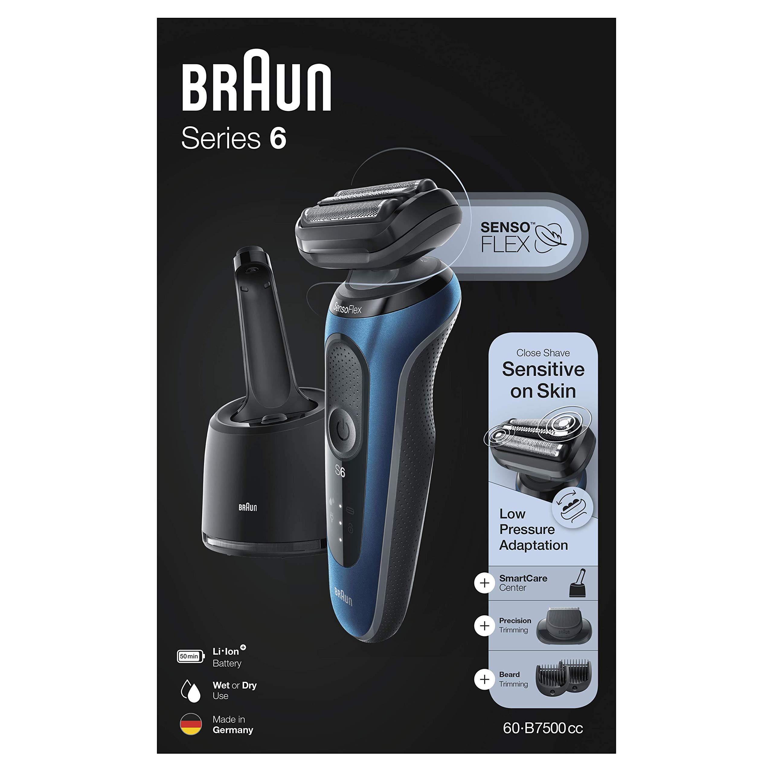 Braun Series 6, Rasoio Elettrico Barba, Rifinitore di precisione, Custodia da Viaggio, Rasatura Ottimale Ogni Giorno, Lame Flessibili, Uso a Secco o Sotto Acqua, Idea Regalo, 60-B7500cc Blue