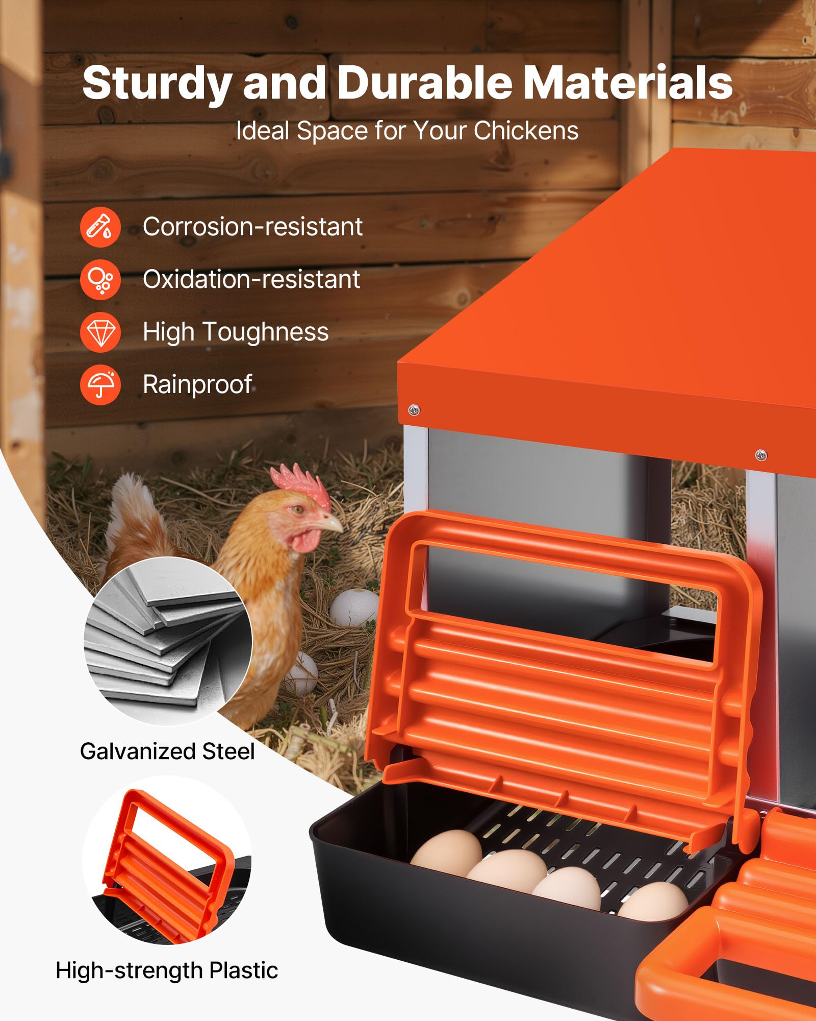 VEVOR Nidi per Galline a 4 Scomparti, Scatole per La Deposizione delle Uova in Metallo con Coperchi di Raccolta Protettivi, Nido Estraibile, Facile da Montare, Ideale per Galline, Anatre, Arancione