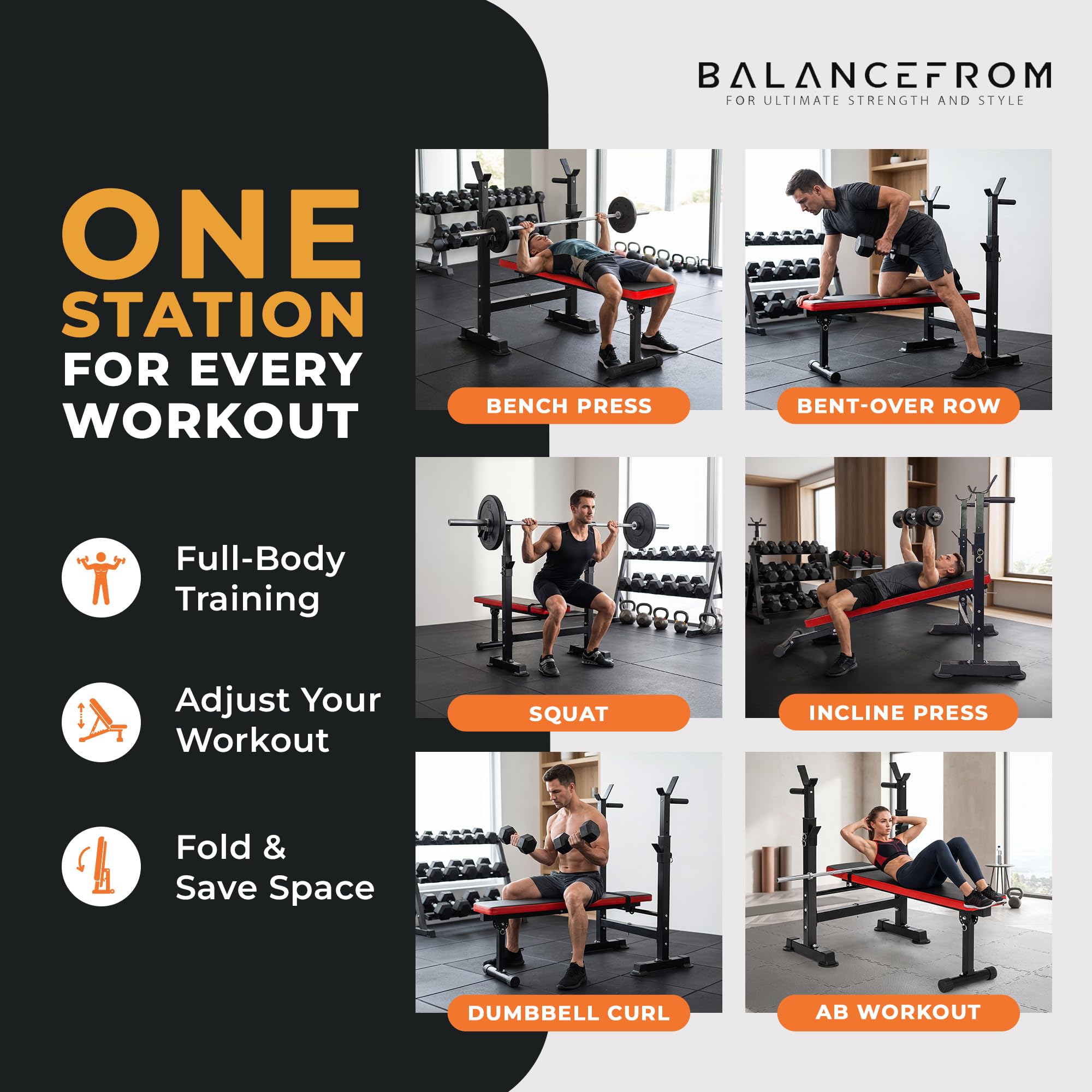 BalanceFrom Multifunktionale Workout-Station, verstellbare Olympische Trainingsbank mit Kniebeugenständer, Beinstrecker, Preacher-Curl und Gewichts-Aufbewahrung