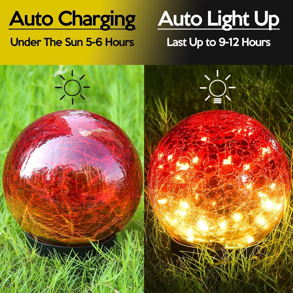 Luz del globo solar al aire libre, 2 piezasLuzes solares impermeables de vidrio agrietado del jardín,Luzes de bola del jardín del paisaje (Rojo gradiente, 10CM 20LED)