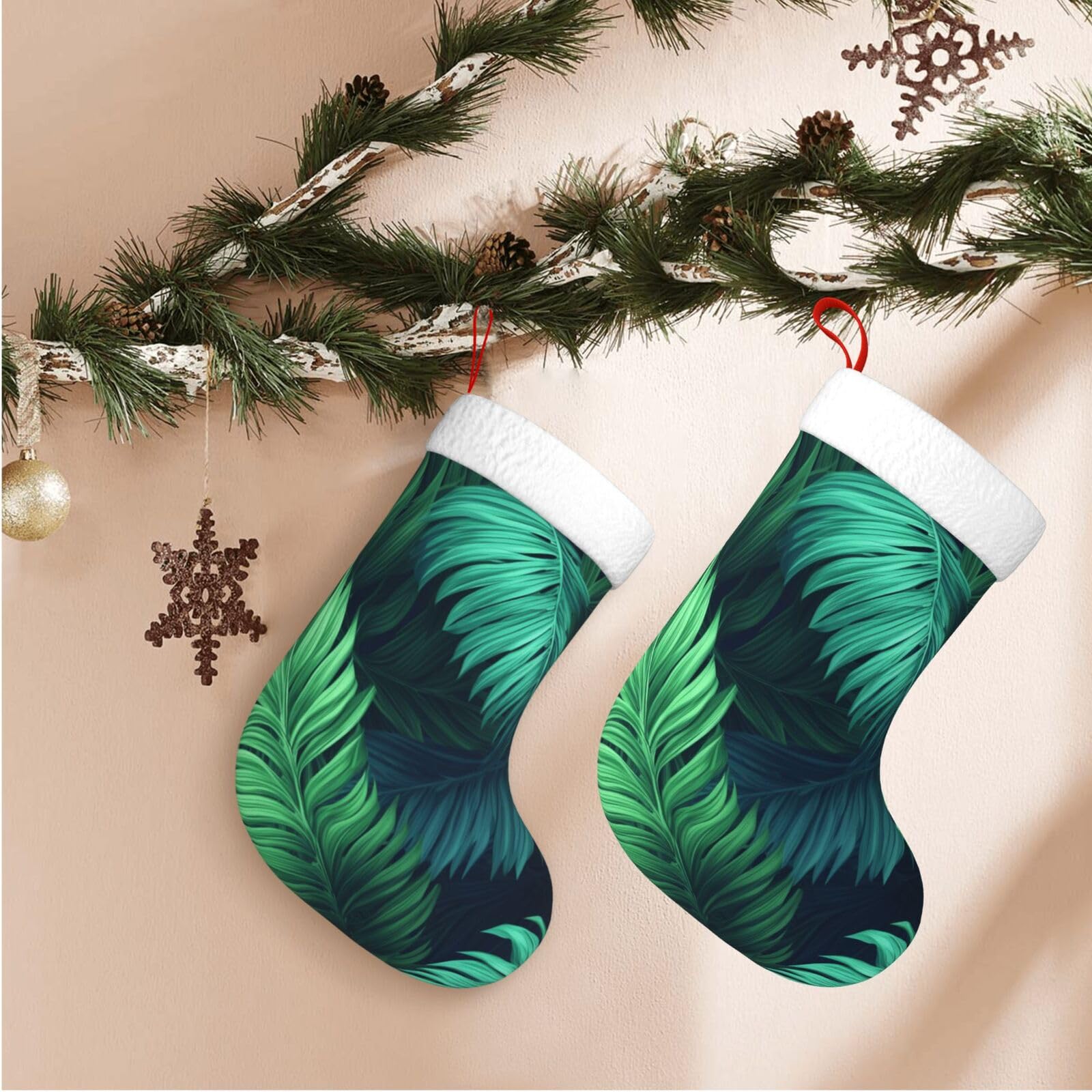 Tropical Palm Leaves Christmas Stockings Velvet Xmas Fireplace Hanging Stocking with Plush Cuff Rustic Christmas Santa Stockings for Home Christmas Decorations Party Favor Supplies