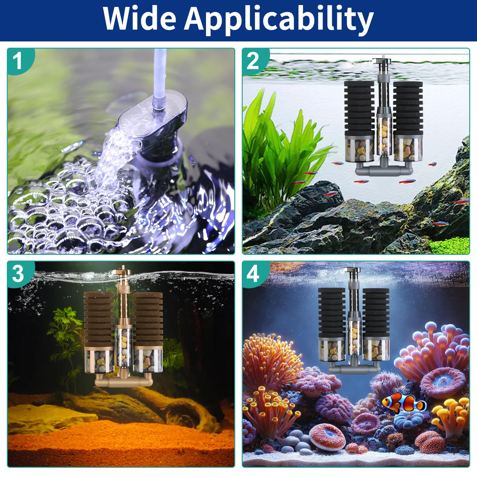 Filtro de acuario, filtro de tanque de peces de doble esponja alimentado por aire con filtración ultra silenciosa de varias etapas, salida de agua ajustable de 360°, oxígeno disuelto en piedra de