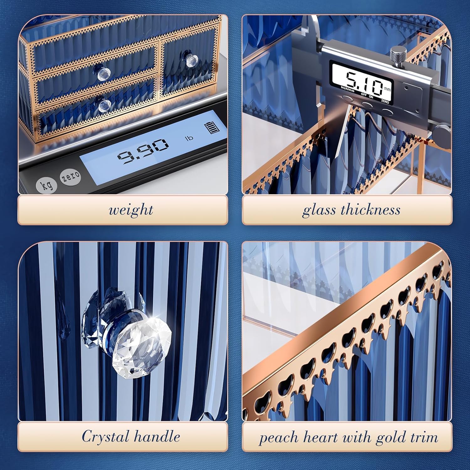 Youdepot Makeup Organizer Blue - Tempered Glass Vanity Organizer for Cosmetics, Skincare, Hair Tools, Brushes, Perfume - Multipurpose Bathroom Counter Skincare Organizer