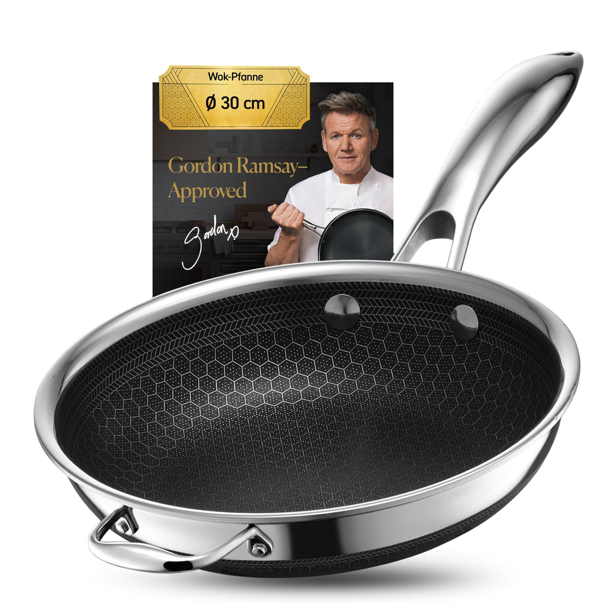 HexClad Hybrid-Wok, Ø 30 cm – Antihaftbeschichtete Wokpfanne mit Stay-Cool-Griff – Edelstahl Wok für alle Herdarten, auch Induktion – Wok Pfanne PFOA-frei*, backofen- und spülmaschinenfest