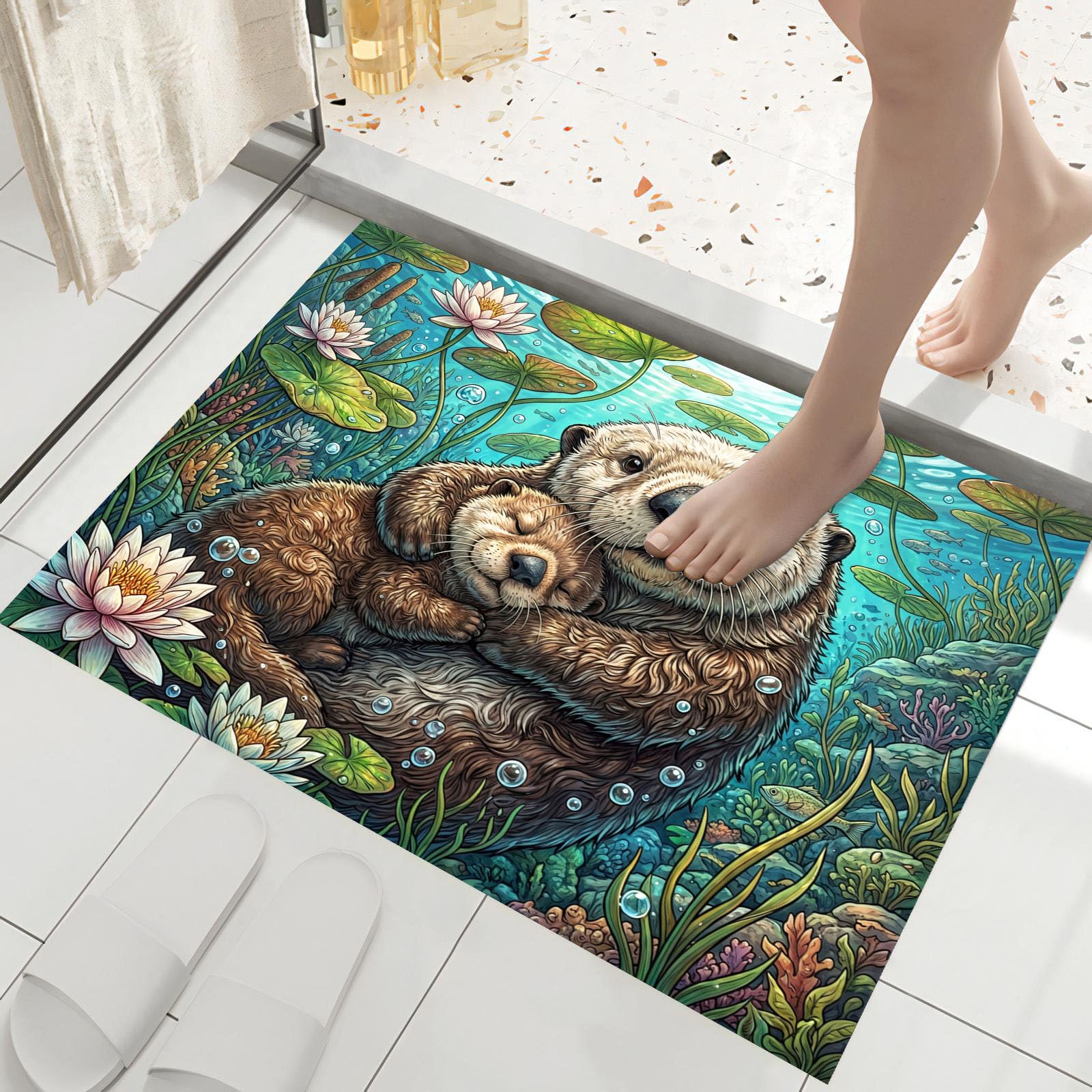 Alfombra antideslizante y lavable de 45x75 cm con diseño de nutria en lago azul