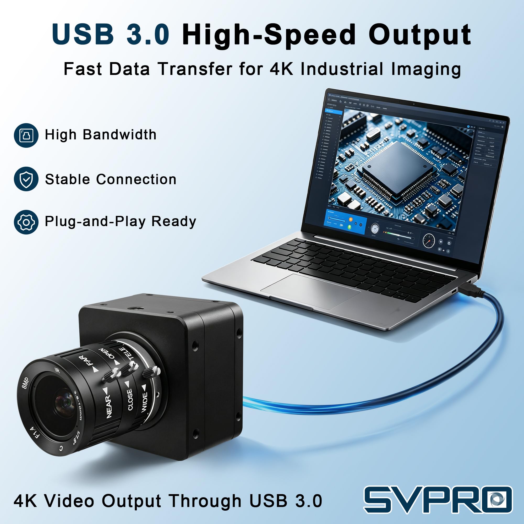 Svpro Cámara de zoom 4K 60fps USB 3.0 con lente verifocal de 3,6 a 10 mm, webcam de enfoque manual, USB-C UVC Plug & Play para Windows, Linux, MacOS, Android