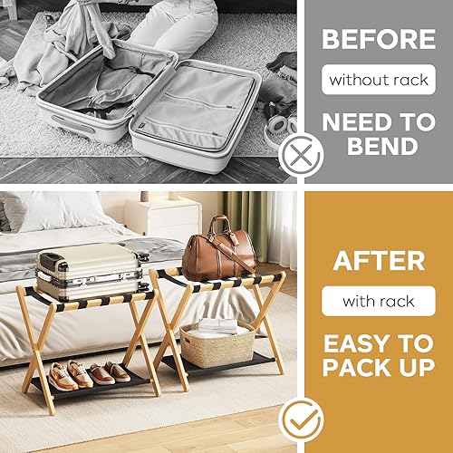 Miniatura 8 de Bastidores de equipaje totalmente montados, paquete de 2, soporte plegable de bambú para habitación de invitados, 5 correas de nailon, soporte para