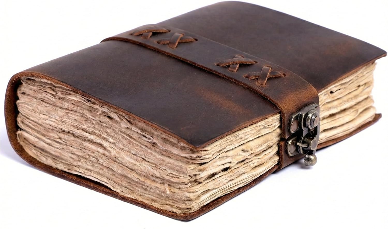 Leather Bound Vintage Journal for Women & Men – Book of Shadows – Lock Closure – 200 Pages of Antique Deckle Edges Handmade Paper (Distressed Brown, 10 x 7 inches)