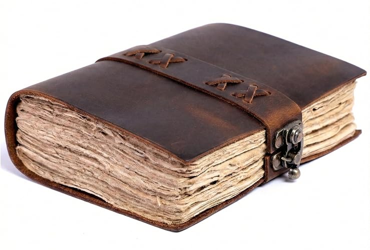 LEATHER KART Leather Bound Vintage Journal for Women & Men – Book of Shadows – Lock Closure – 200 Pages of Antique Deckle Edges Handmade Paper (Distressed Brown, 7 x 5 inches)