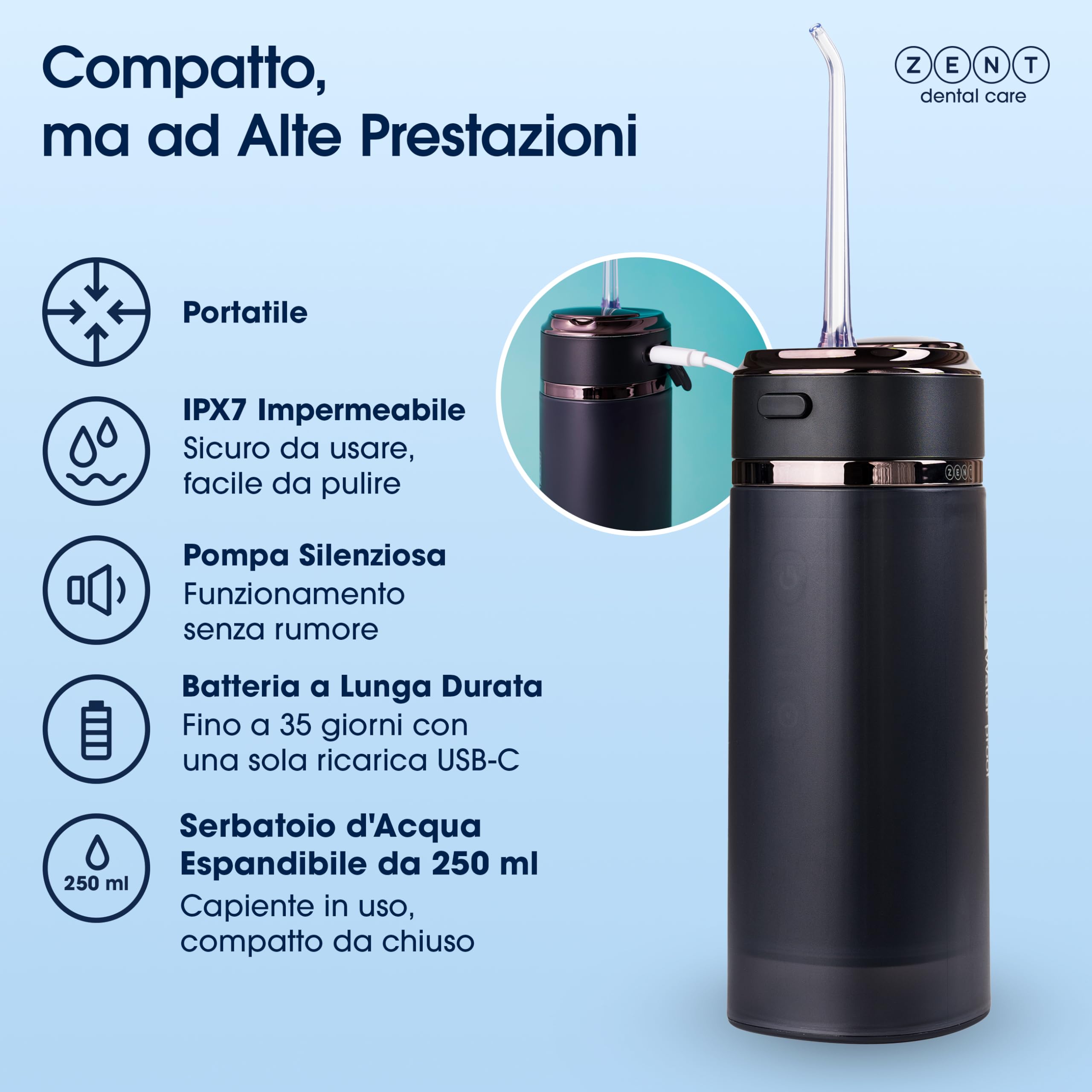 ZENT Idropulsore dentale portatile, Irrigatore orale da viaggio, Tecnologia rotante avanzata 360°, 3 testine speciali, Pressione regolabile, Rimozione della placca, Dimensioni compatte, Nero