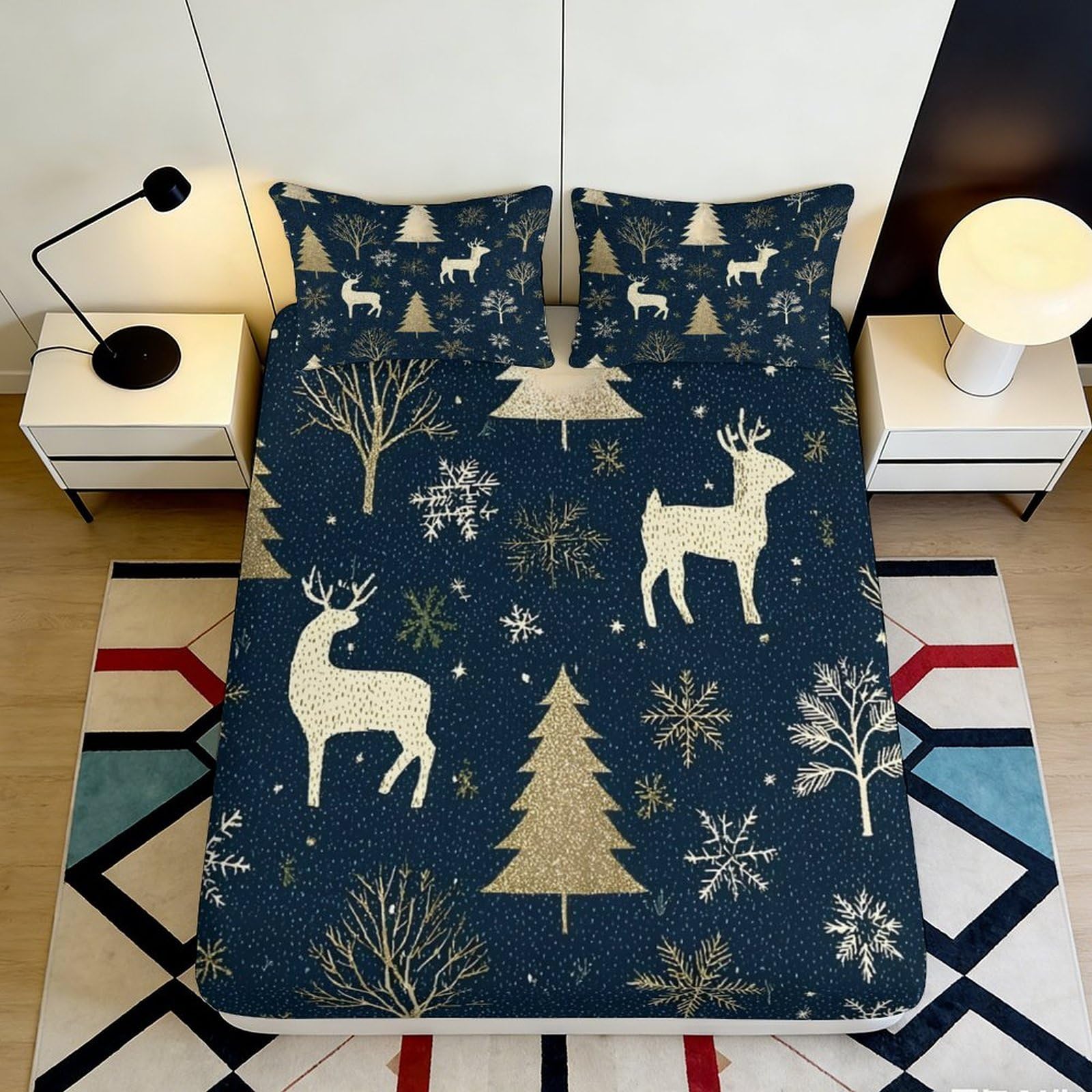 3D Printed Winter Deer Fitted Sheet Microfiber Soft Breathable Snowflake Bed Cover for Bedroom Dormitory Guest Room Mattress Protection Decoration 140x200x25cm