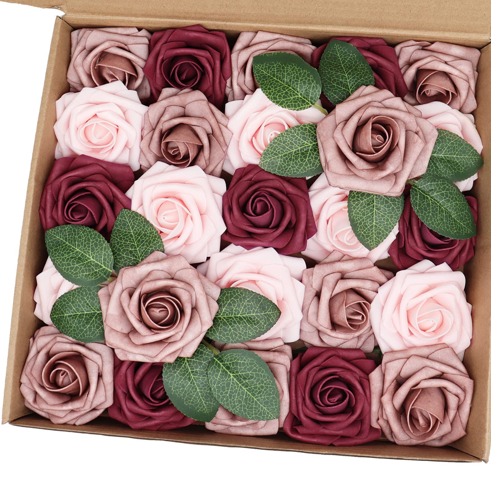 Artificial Flowers 50PCS Real Looking Blush & Dusty Rose & Burgundy Fake Roses with Stem for DIY Wedding Bouquets Centerpieces Baby Shower Party Home Decorations