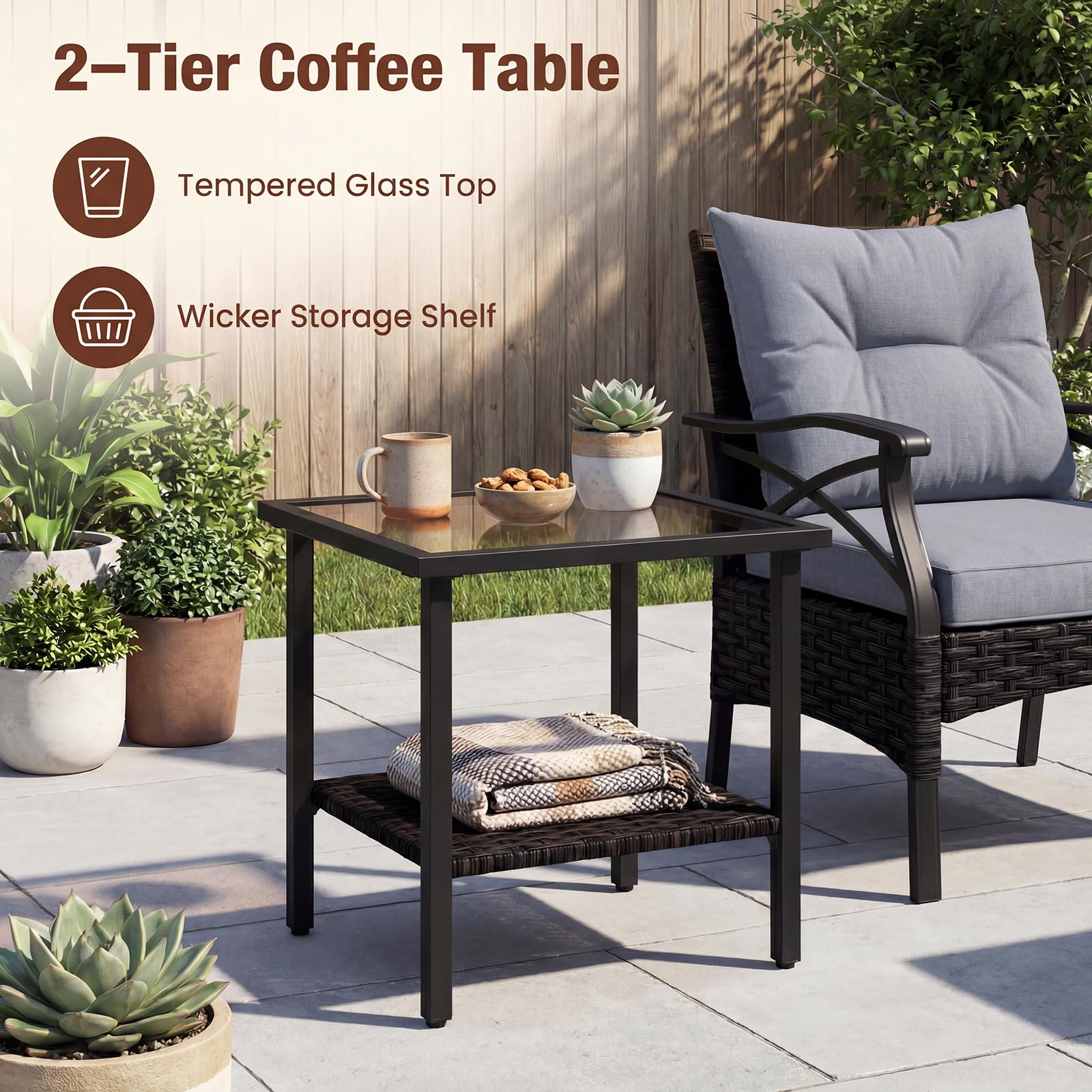 Giantex 5-teiliges Rattan Gartenmöbel Set, Balkonmöbel Kleiner 2-4 Personen, Lounge Möbel Outdoor mit Tisch, 2 Sessel, 2 Hocker, inkl. Rückenkissen & Sitzkissen, Terrassenmöbel