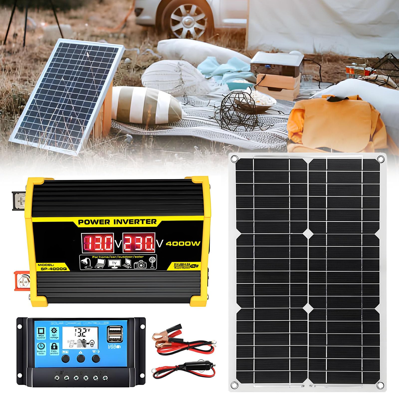 Kit Pannello Solare da 400 W, Pannello Solare Flessibile da 18W18V + Controller da 30 a + Inverter, per Camper, Barca, Tenda, Auto, Rimorchio, Ricarica della Batteria Black-220V