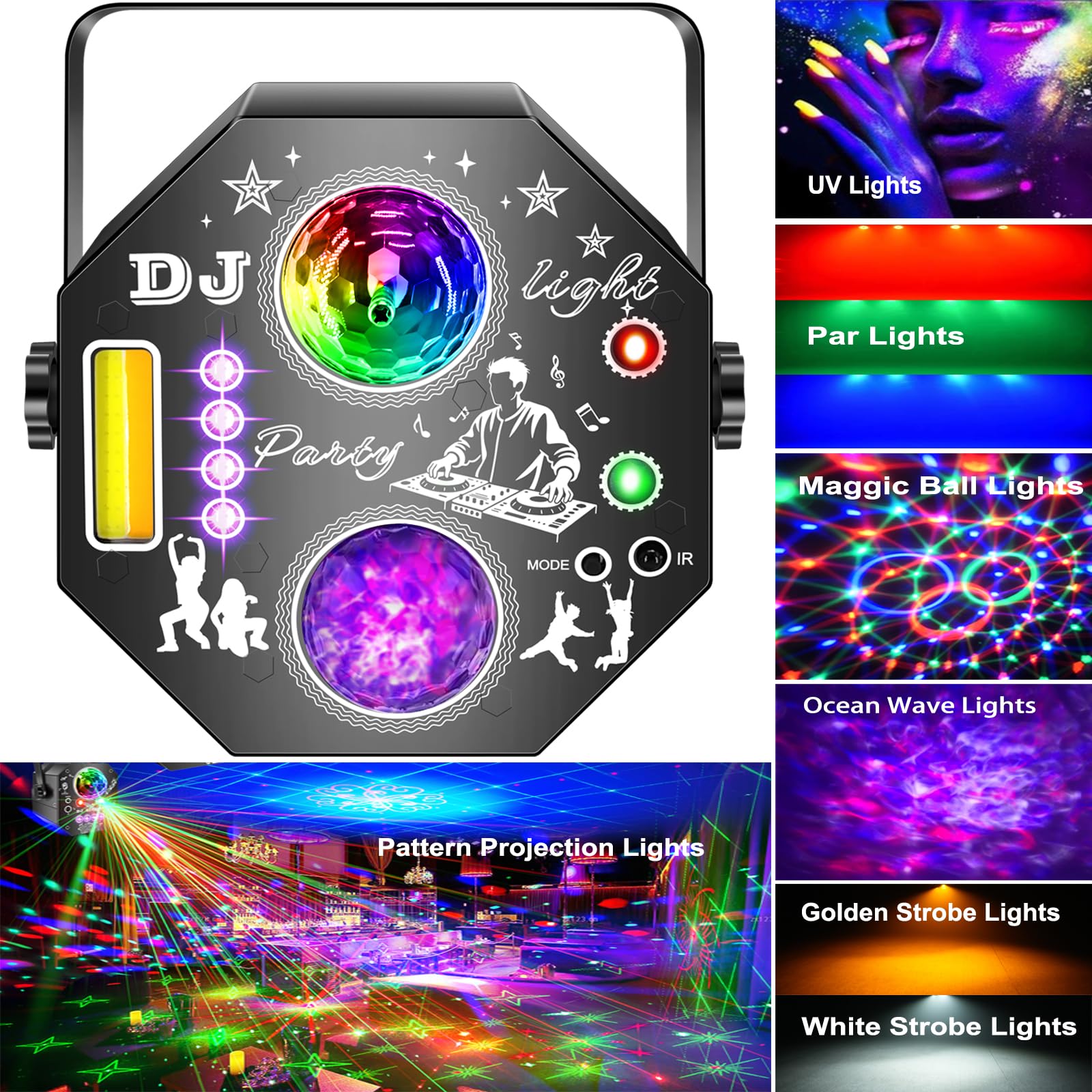 Disco-Lichter für Partys, Sound Aktivierte Partylichter mit Discokugel Stern Ozean Muster UV & LED PAR-Lichter RGB DJ Projektion mit Fernbedienung für Zuhause, Geburtstag, Karaoke, Hochzeit