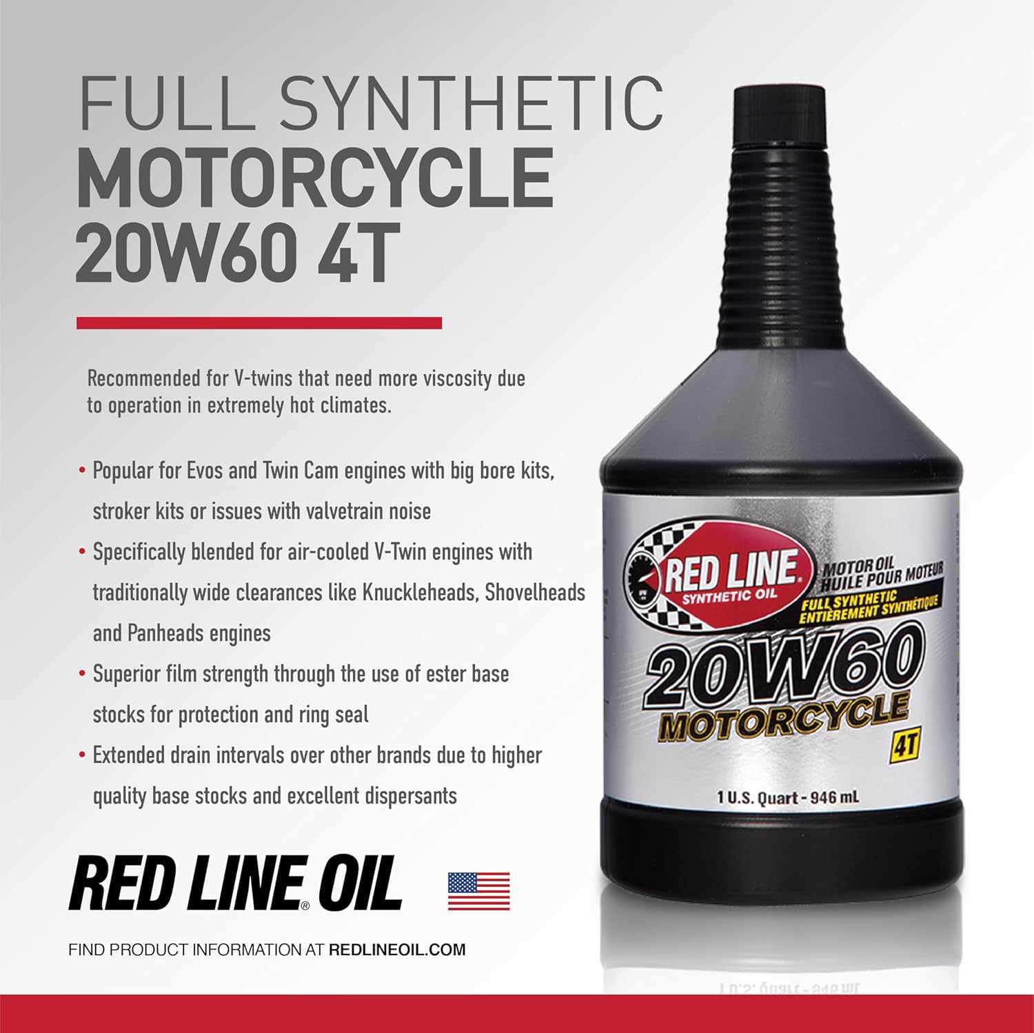 Red Line 12604 20W60 Synthetic Motorcycle Motor Oil - 1 Quart (2 Pack)
