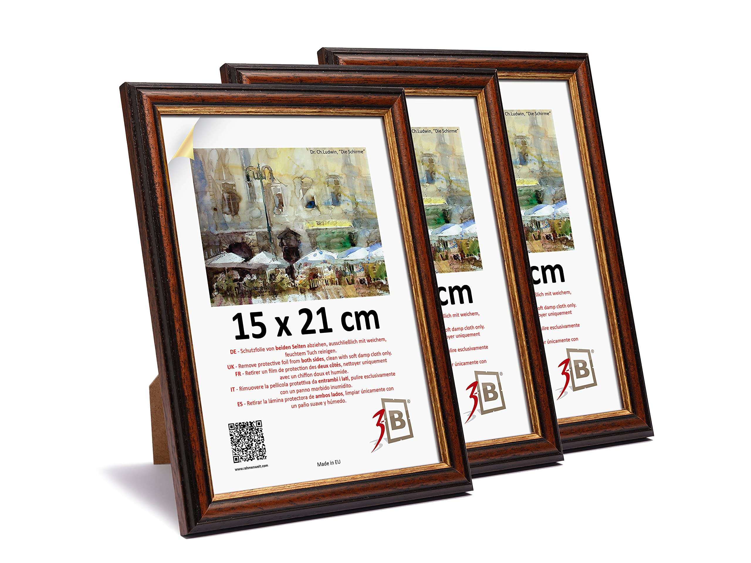 3-B Lot de 3 Cadres BARI RUSTIQUE - foncé brun/or - 15x21 cm (A5) - cadre photo en bois exotique avec verre acrylique