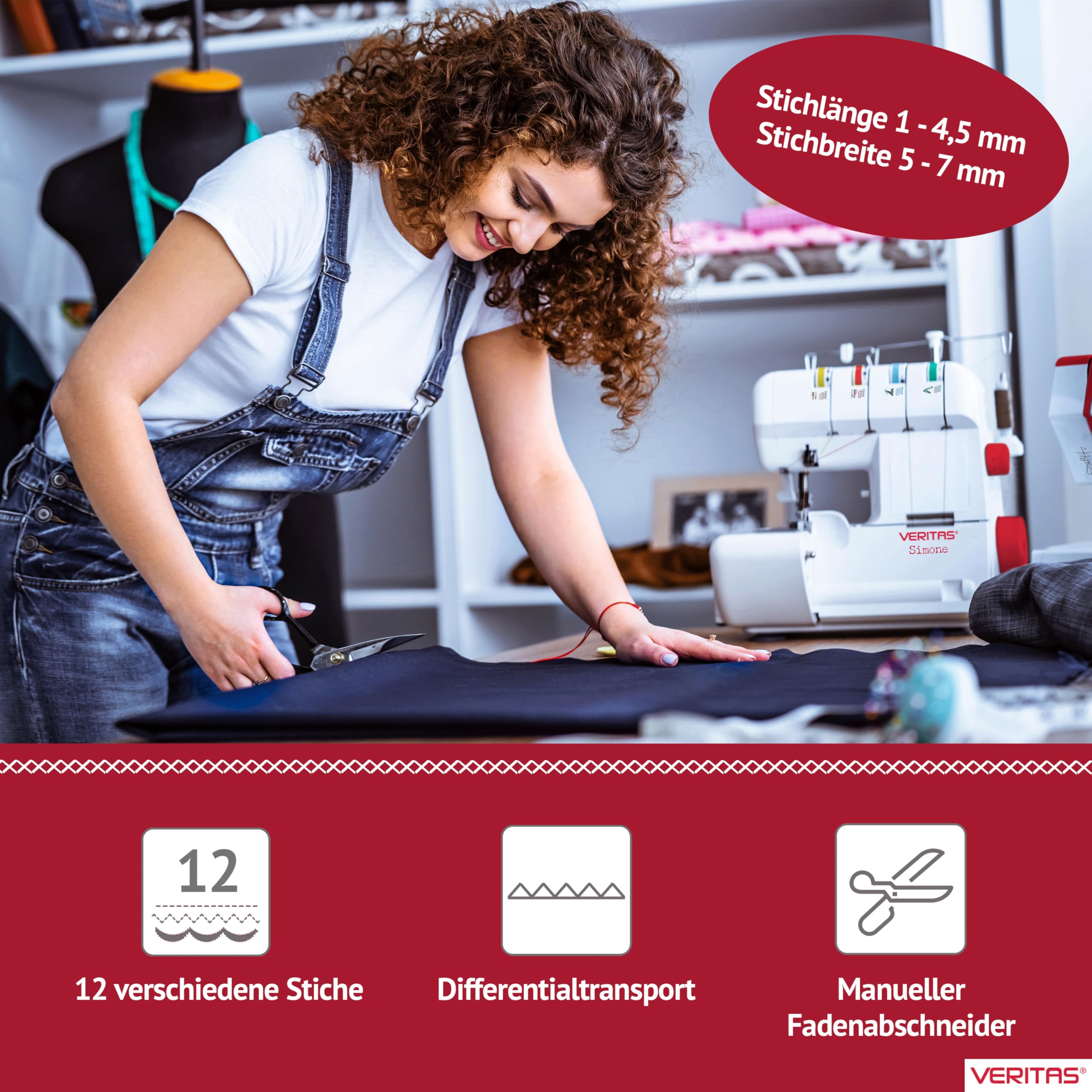 VERITAS Nähmaschine Simone I Overlock-Nähmaschine I 12 Programme I Einstellbare Stichlänge & Stichbreite I 2,3 oder 4-Faden-Nähte I Fadenabschneider & LED-Nählicht I inkl. Staubschutzhülle (weiß)