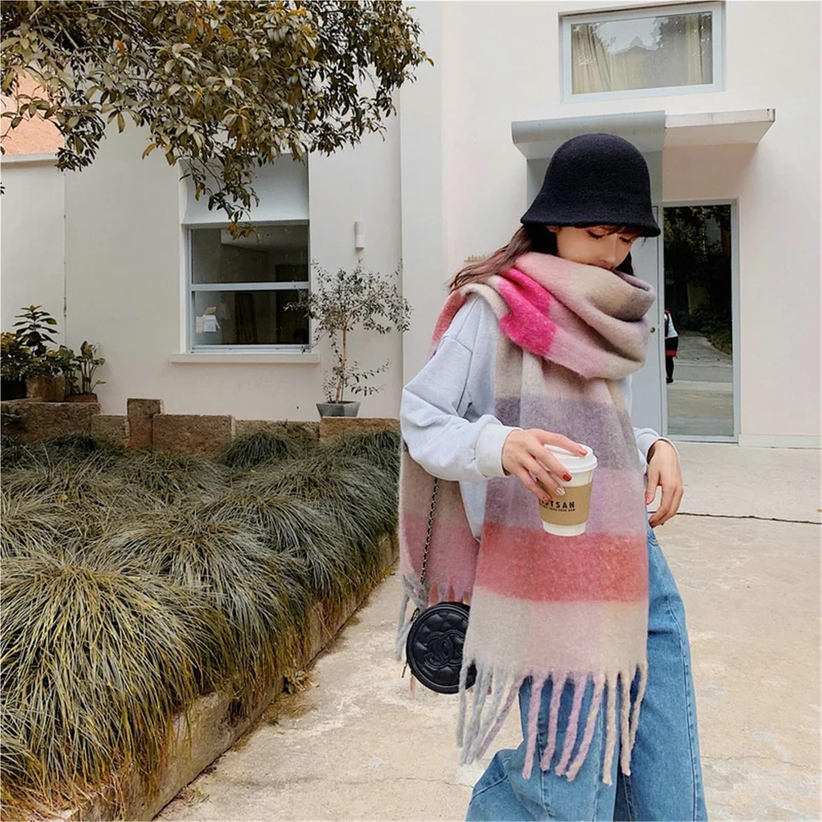 Sciarpa Invernale in Pashmina di Cashmere da Donna, Calda Coperta Scialle con Lunghe Nappe(C)