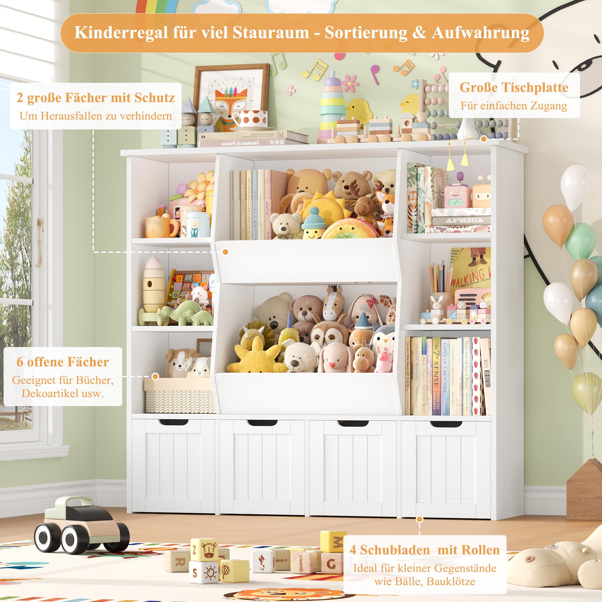 FOREHILL Kinderregal, Kinderzimmer Möbel für Kuscheltier Aufbewahrung | Regal für Pupen, Kinderschrank mit 4 Boxen auf Rollen, Bücherregal Kinder, Kinderzimmer, Kindergarten, 124,5x35x118cm Weiß