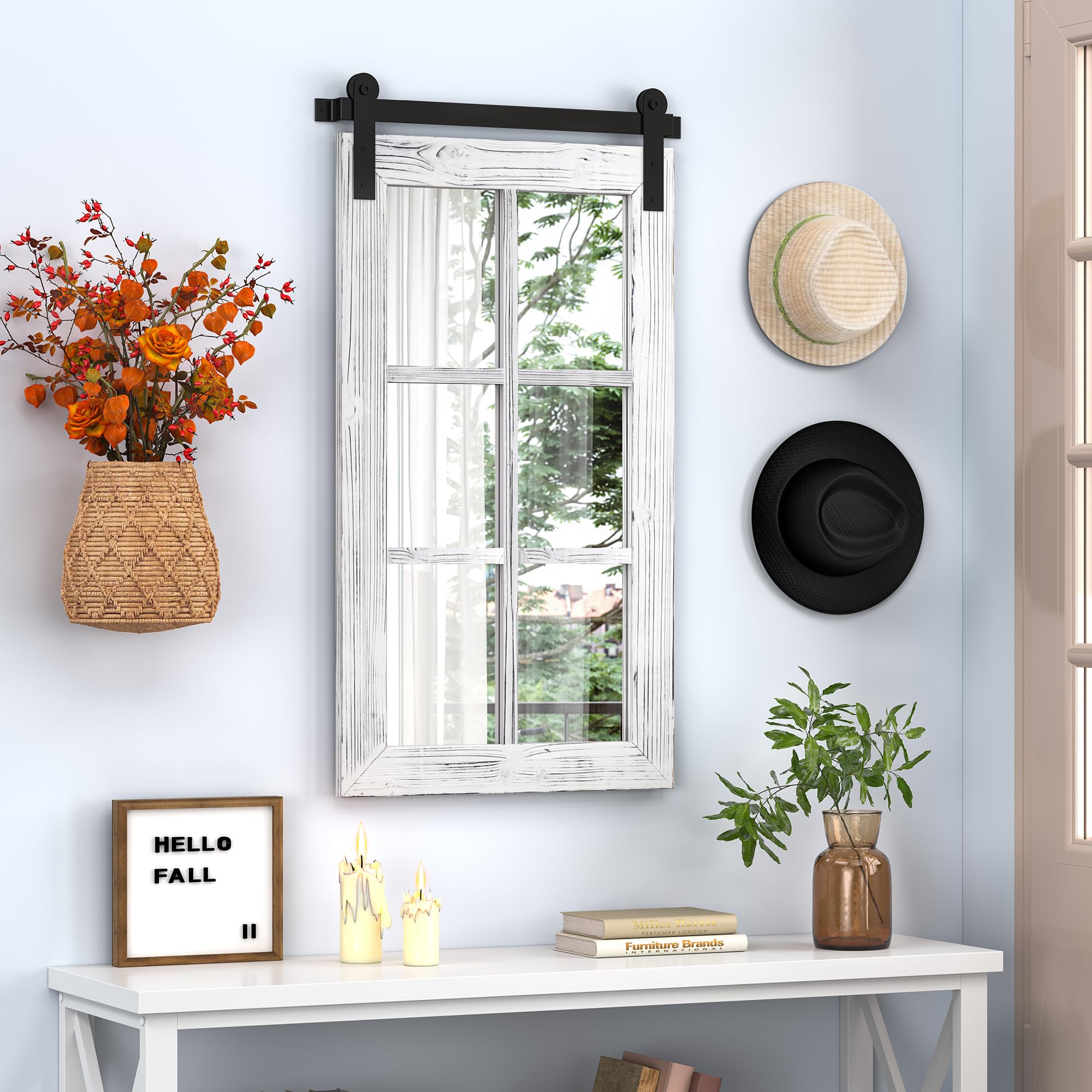 COGOOD Farmhouse Window Mirror - 34" x 19" Rustic Wood Barn Door Mirror Wall Decor for Dining Room, Entryway, Living Room, Bedroom Decorative, White