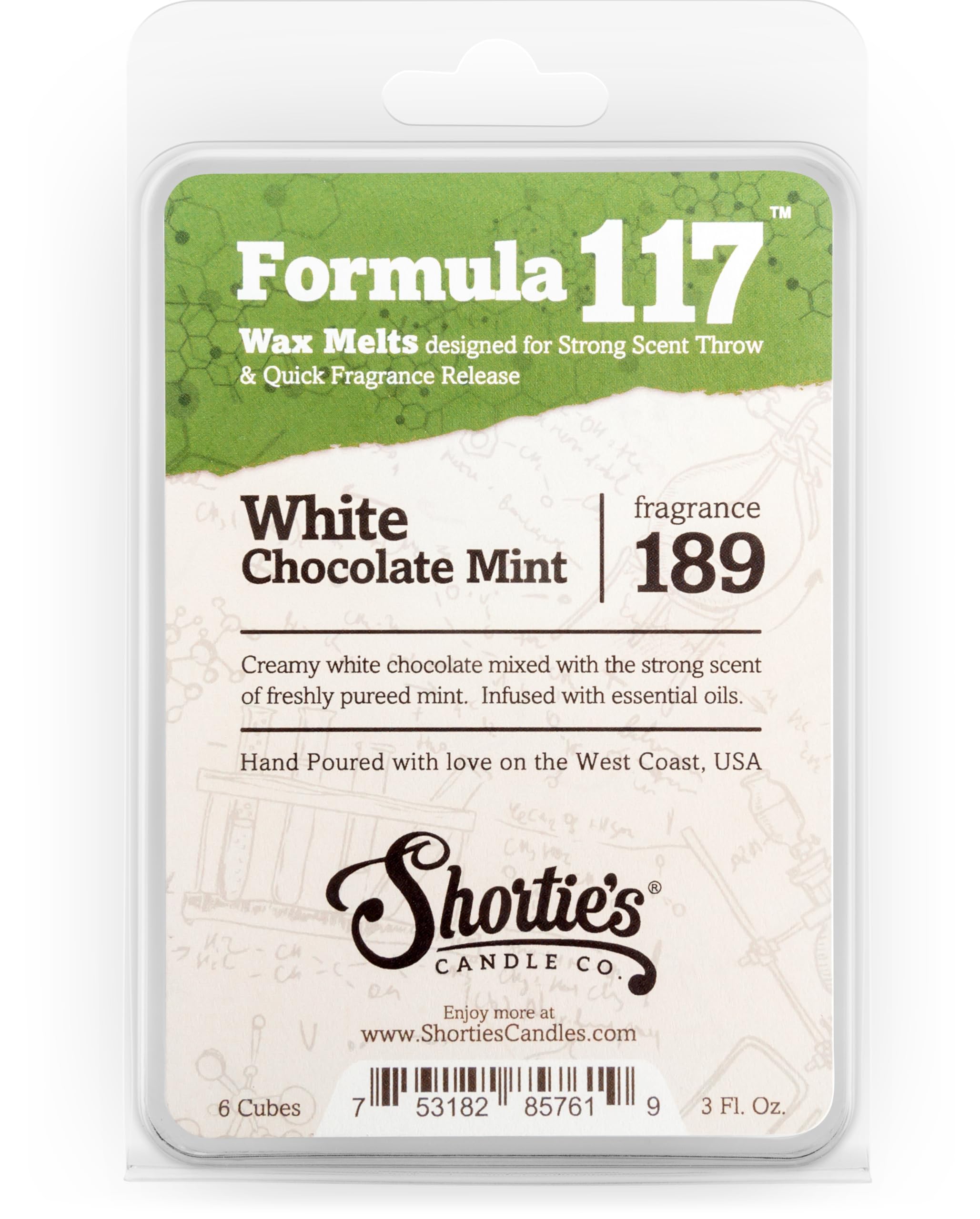 Shortie's Candle Company White Chocolate Mint Wax Melts - Formula 117-1 Highly Scented 3 Oz. Bar - Made with Natural Oils - Bakery & Food Air Freshener Cubes Collection