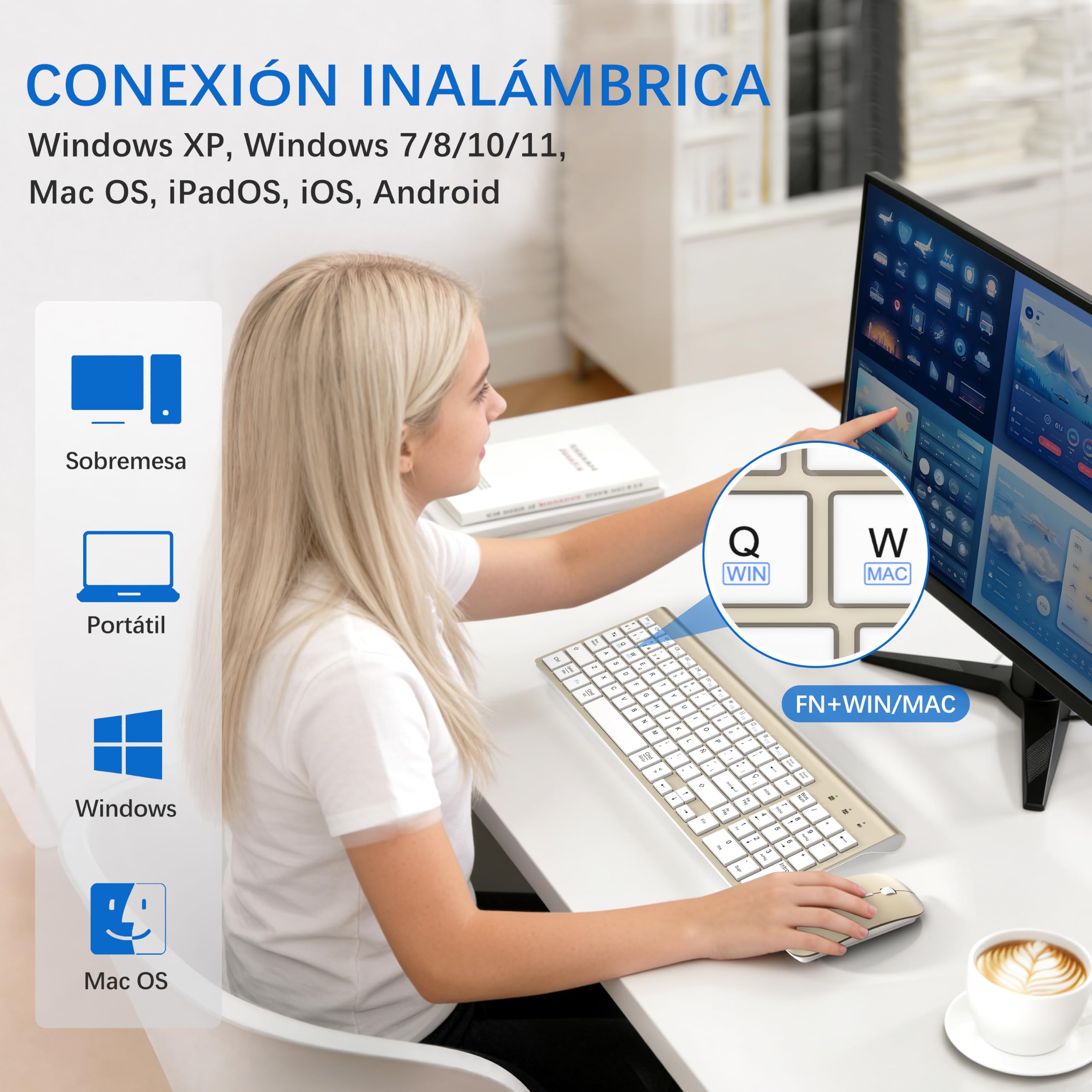 Combo Teclado y Ratón Inalámbrico Ultradelgado, Doble Sistema-Blanco Dorado