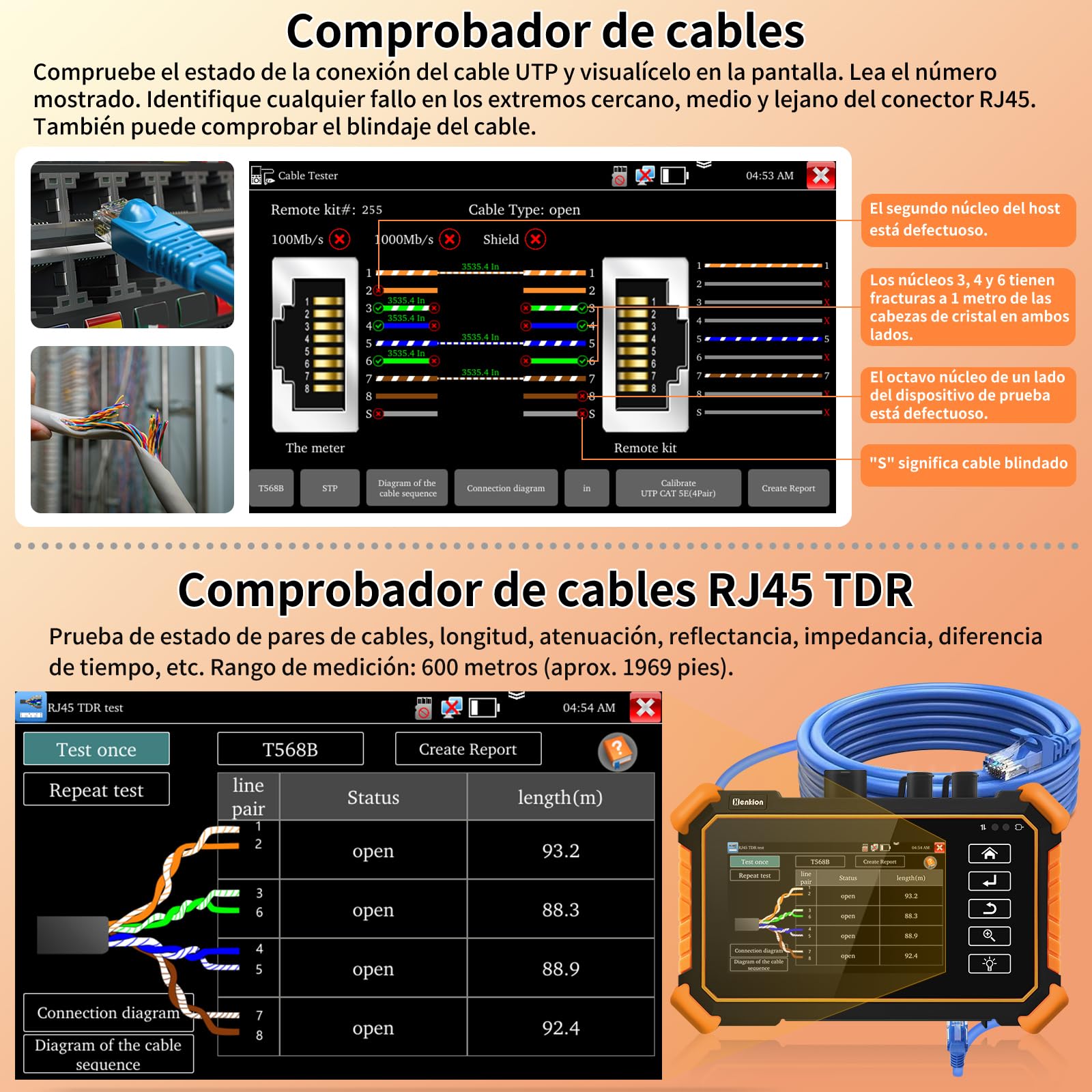 Henkion OTDR Fiber Optic Tester 1610nm 26dB, Comprobador de fibra óptica compatible con OPM, LS, OLS, VFL, tarjeta de eventos, UTP/RJ45 TDR prueba de cable/comprobador de cable de longitud