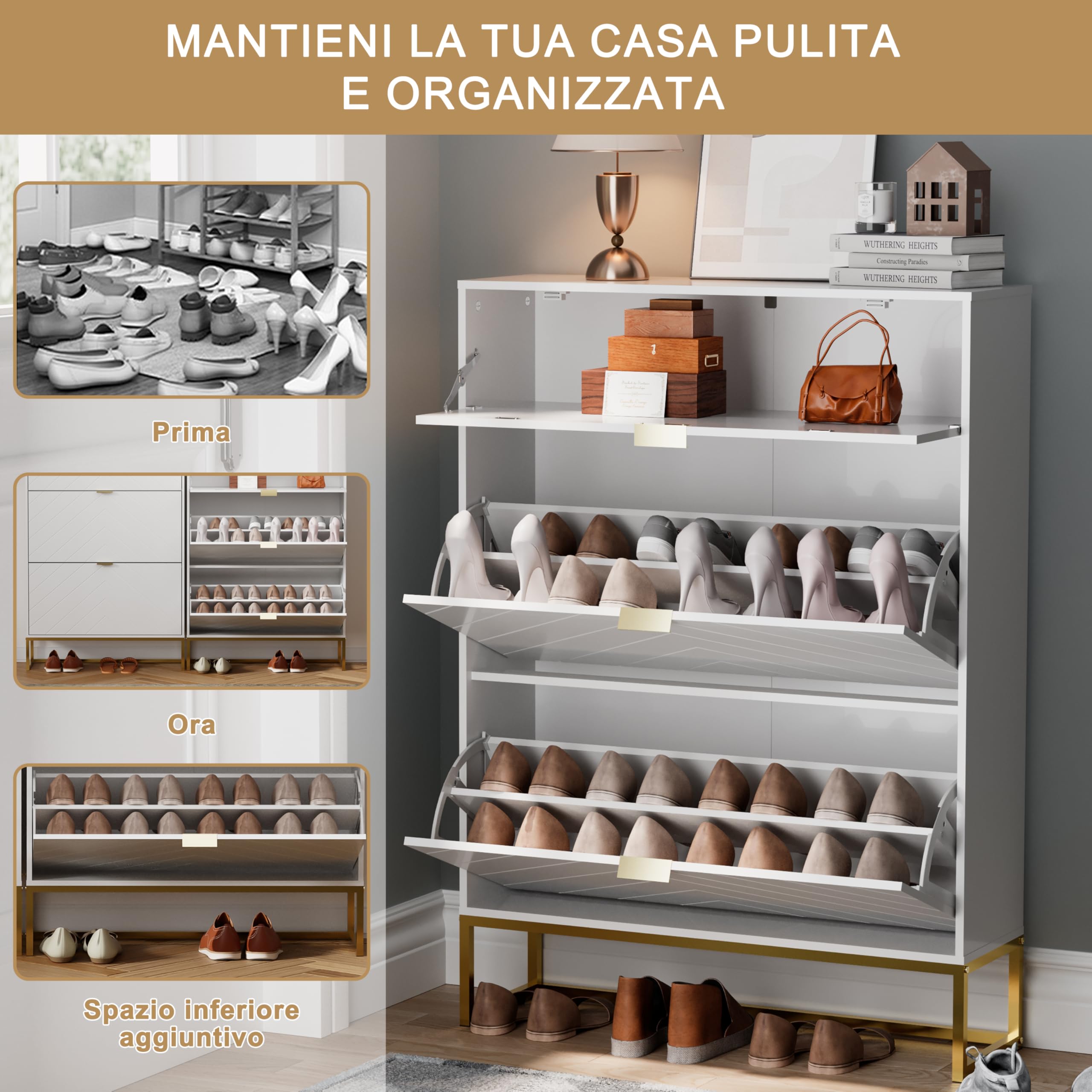 UEV Scarpiera con 2 ante e 1 cassetto, scarpiera sottile, con motivo a V, per soggiorno, corridoio, 80 x 24 x 122 cm, bianco