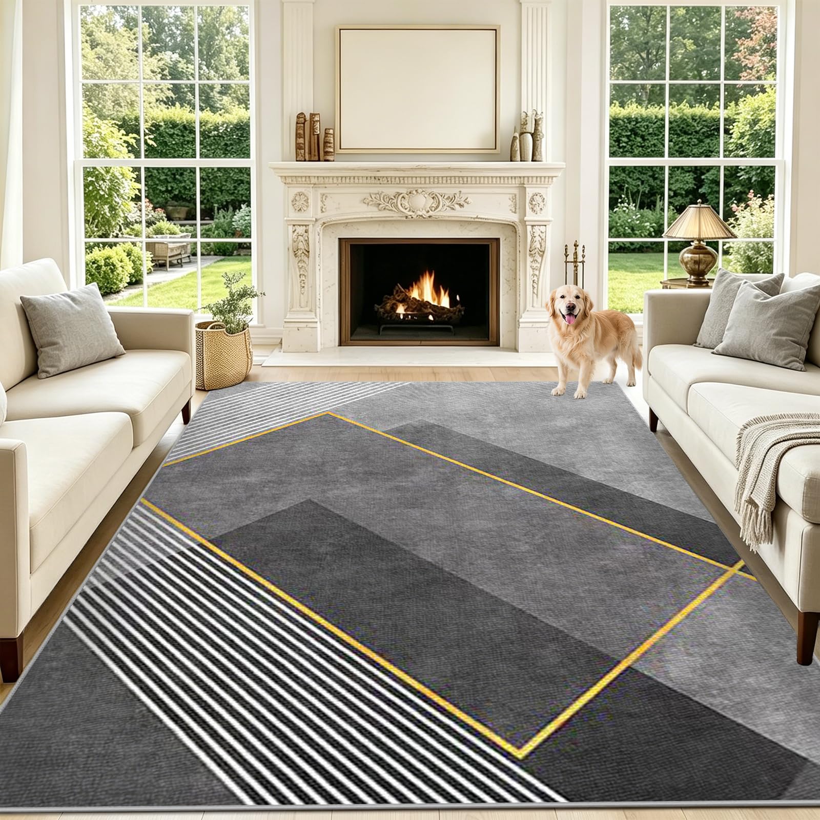 Grand tapis de salon vintage gris 120 x 150 cm lavable et antidérapant