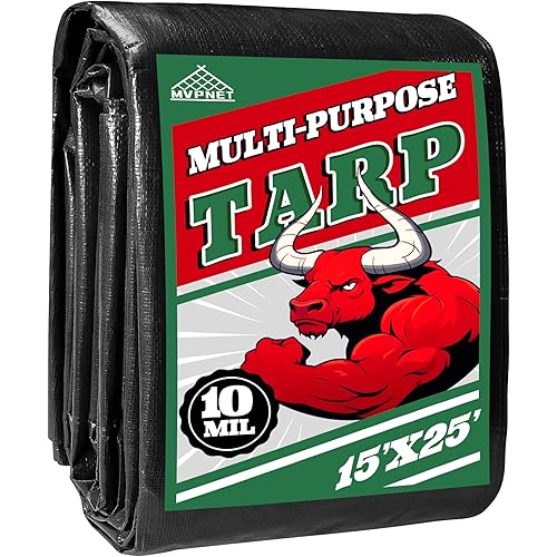 Tarp 15x25 ft Heavy Duty 100% Waterproof 10mil,UV Resistant,Durable Grommets and Reinforced Edges Green/Black Tarp for Camping, Swimming Pools,Car Coverage -by MVPNET