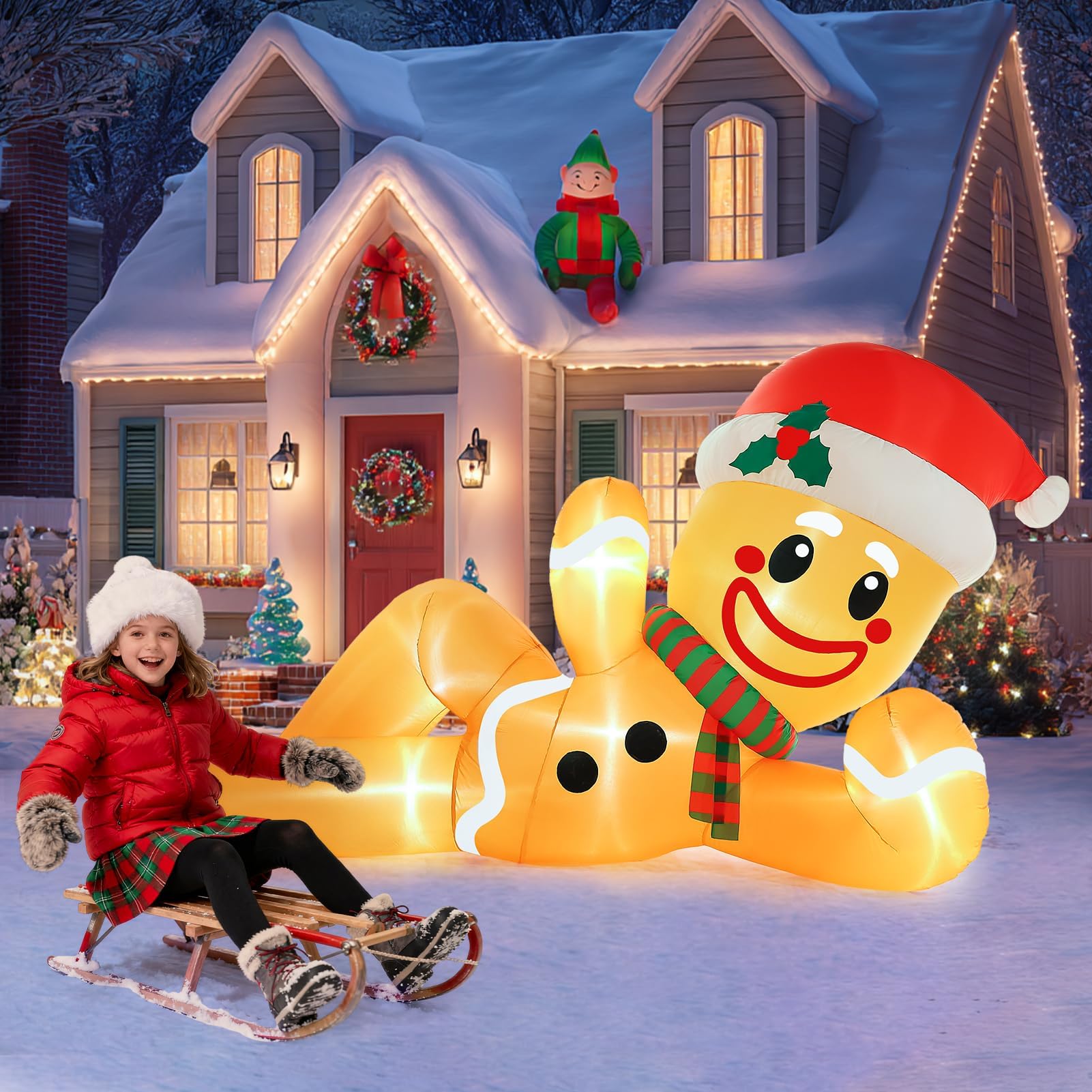 Aufblasbare Weihnachtsdekoration, Lebkuchenmann, riesig, flach liegend, aufblasbar, mit eingebauten LED-Lichtern, 3 m