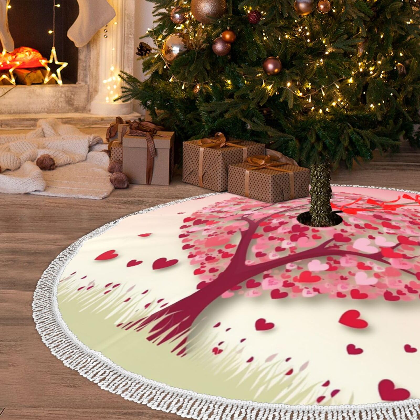 Tapis de sapin de Noël 91cm rose cœur avec pompons chic pour salon