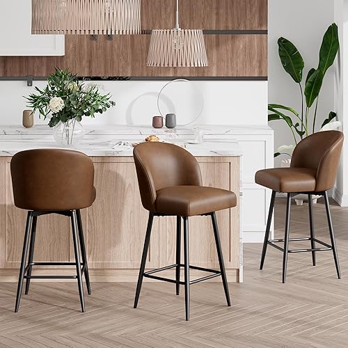Miniatura 7 de Juego de 2 taburetes de bar giratorios de 360 con respaldo alto y patas de metal, altura de asiento de 26 pulgadas, sillas de bar tapizadas de piel