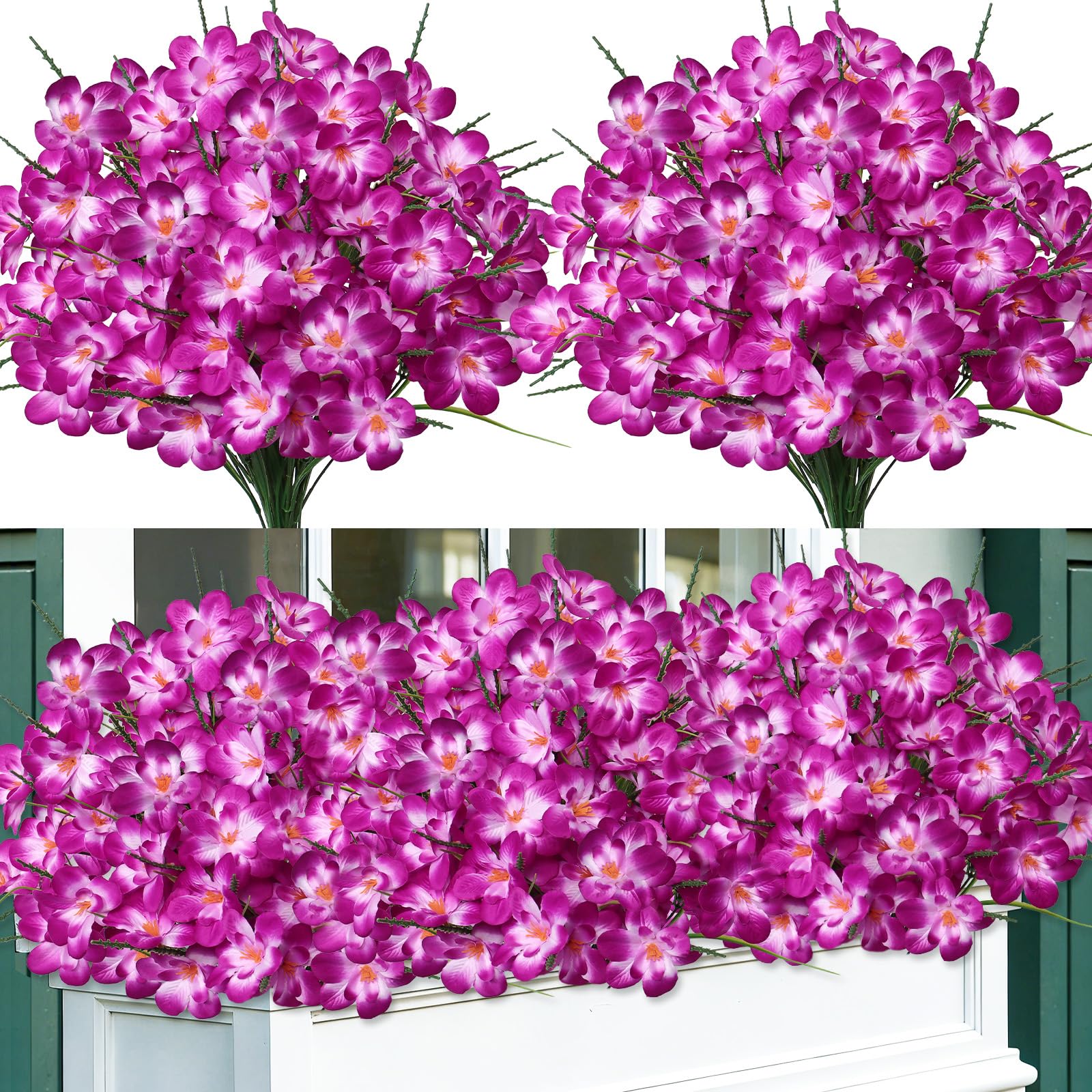 SOMYTING 6 Bunches Artificial Flowers Outdoor, UV Resistant Fake Freesia Silk Flower Bouquet for Home Wedding Porch Window Decor (Fuchsia)