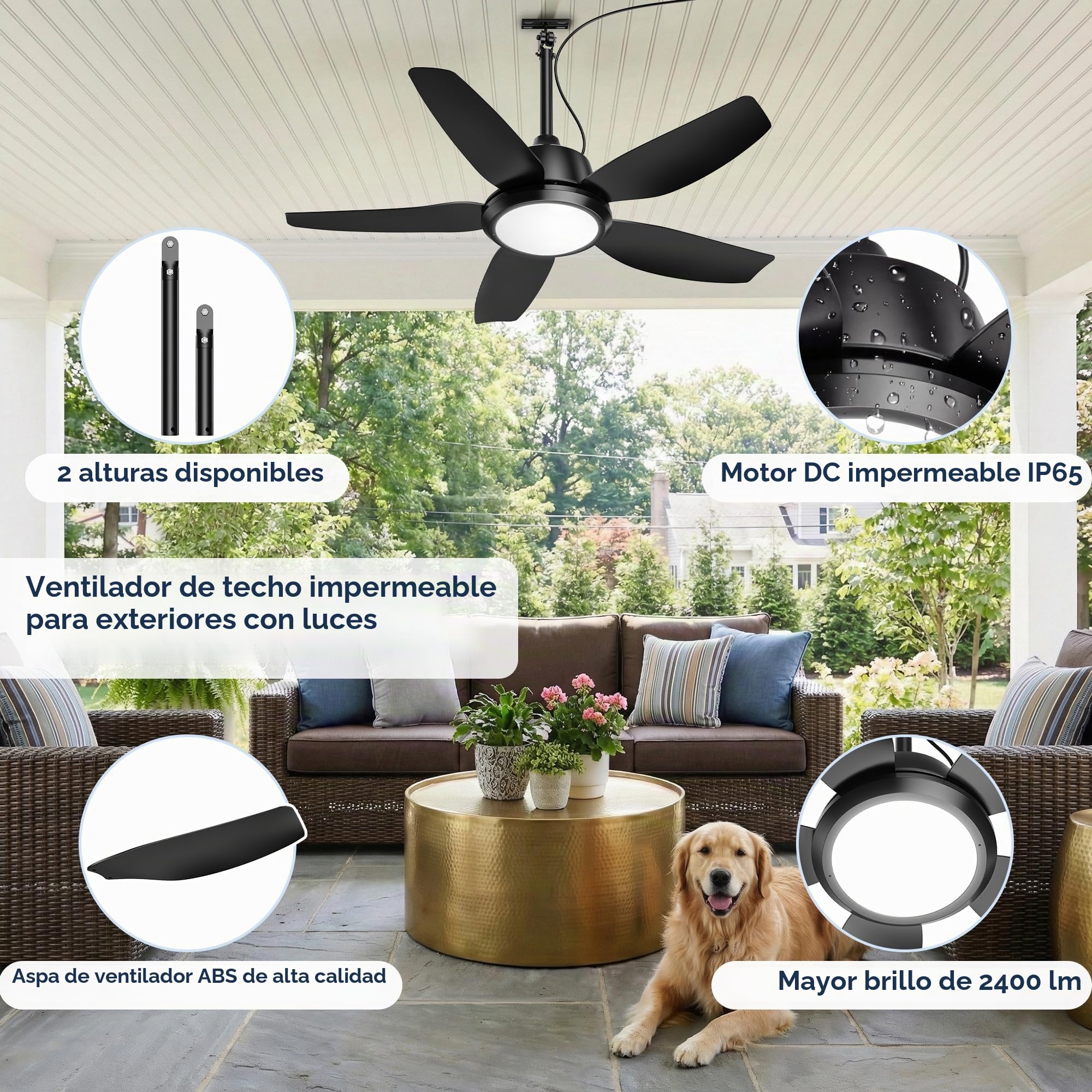 Ventilador de Techo Exterior de 106,7 cm con Luces, Resistente al Agua IP65, Control APP y Remoto, LED 3CCT Regulable, Motor DC Silencioso de 6 Velocidades, Ventilador Colgante para Gazebo, Enchufe