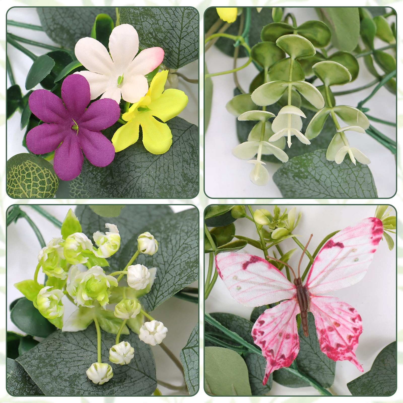 2 Piezas Guirnaldas de Flores Artificiales Decoracion, 5.68 pies Eucalipto Enredaderas Artificiales con Flores y Mariposa 3D, Plantas Artificiales Decorativas, Decoracion Pared, Hogar, Boda