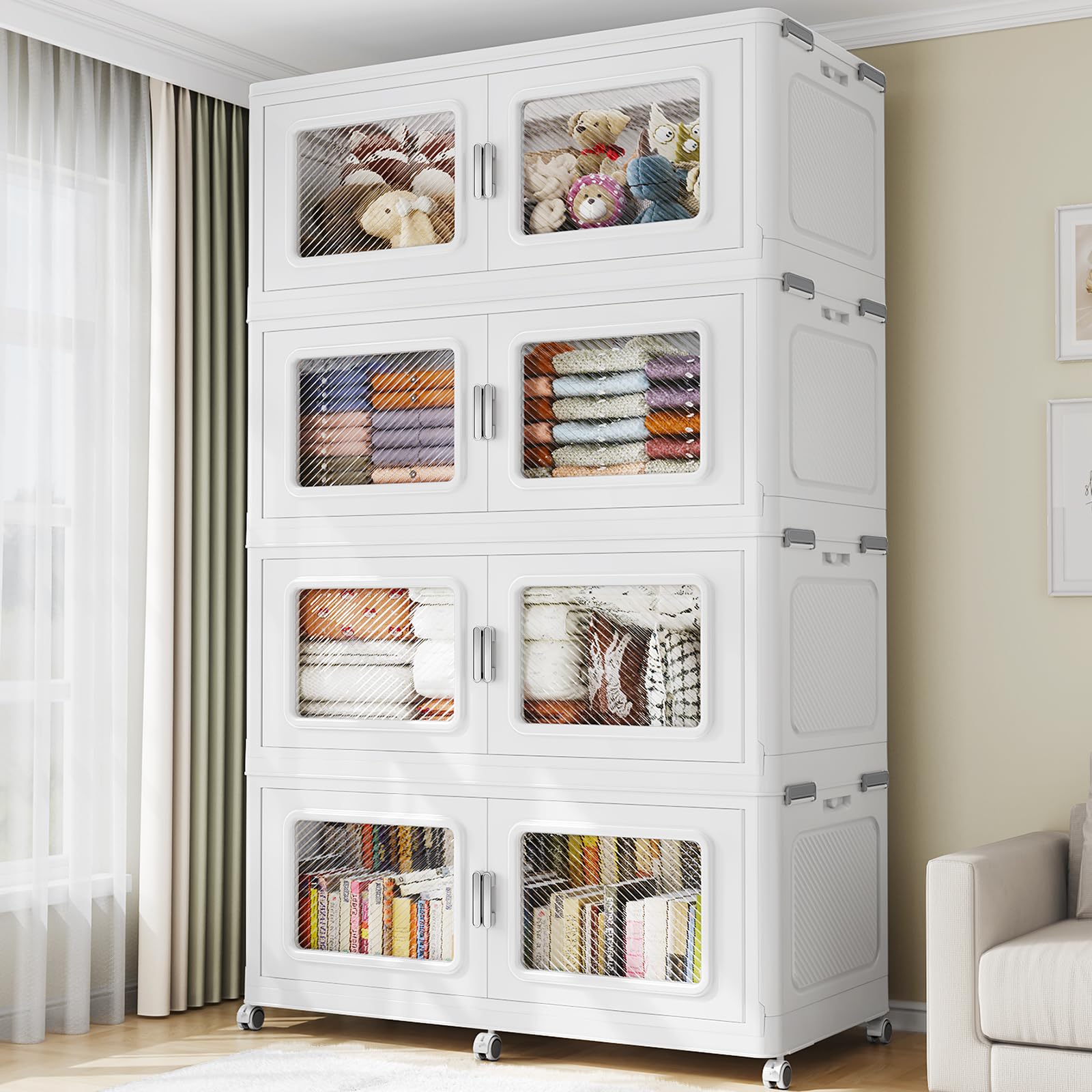 BROVIEW 300Gal Extra Large Storage Bins with Lid, 1200Qt Plastic Stackable Storage Bins with Wheels, Collapsible Closet Organizer and Storage Drawers, Storage Cabinets for Home, Office, 4 Pack, White