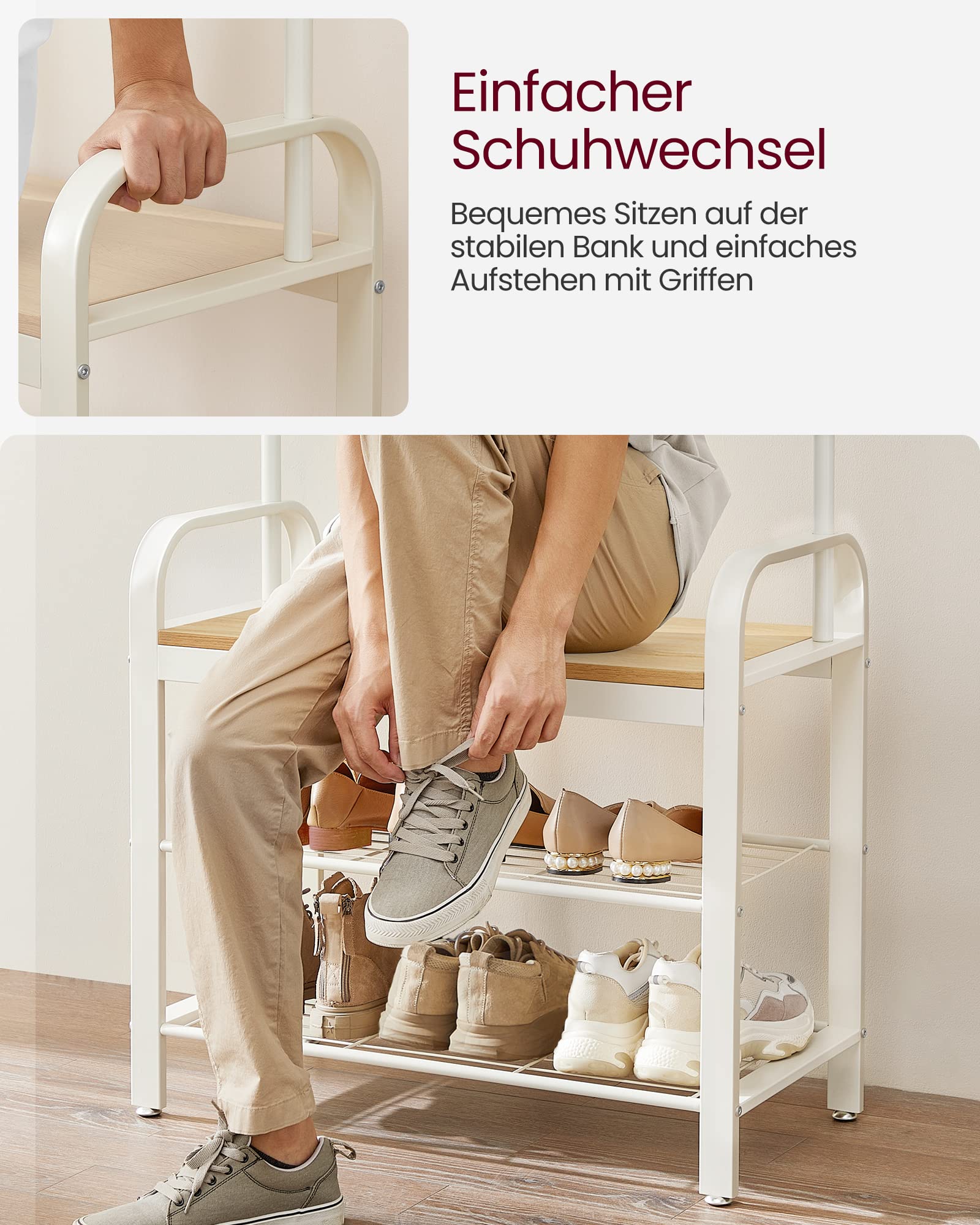 VASAGLE Garderobenständer, Garderobe, mit Schuhbank, 4-in-1 Design, 9 abnehmbare Haken, Kleiderstange, Eingangsbereich, Flur, 33,7 x 72 x 183 cm, modern, eichenfarben-weiß HSR40W