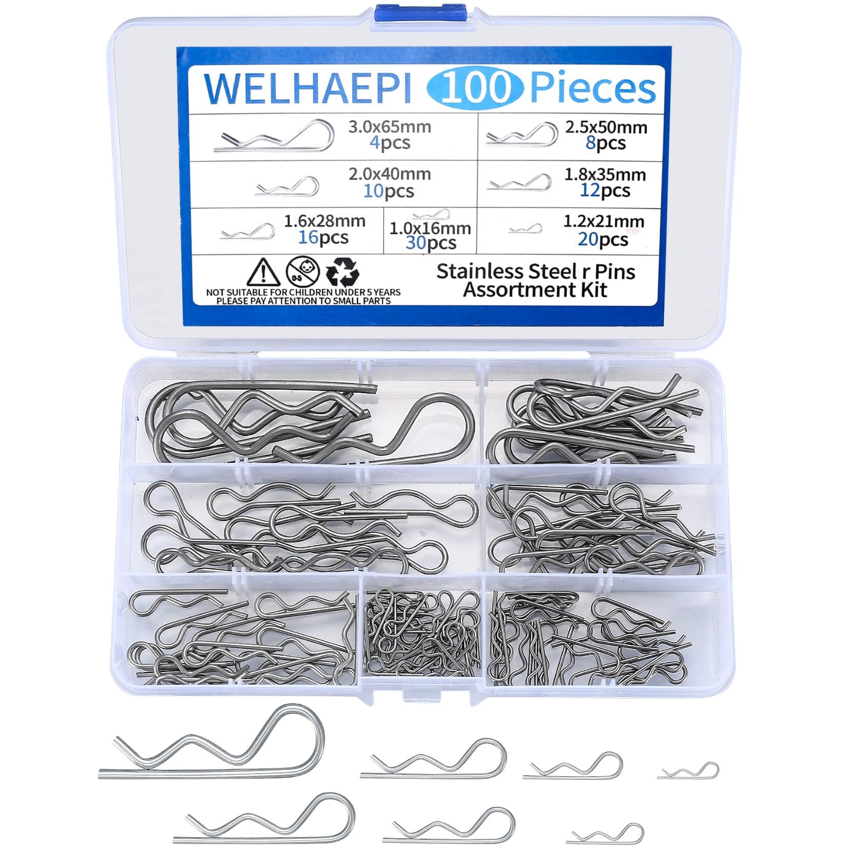 100 Pezzi Copiglie Clips, Coppiglie Mollette a R, Morsetti a R, Coppiglie di Sicurezza R Clips, Capelli Pin Hitch Assortimento Kit per Trattori Auto Camion