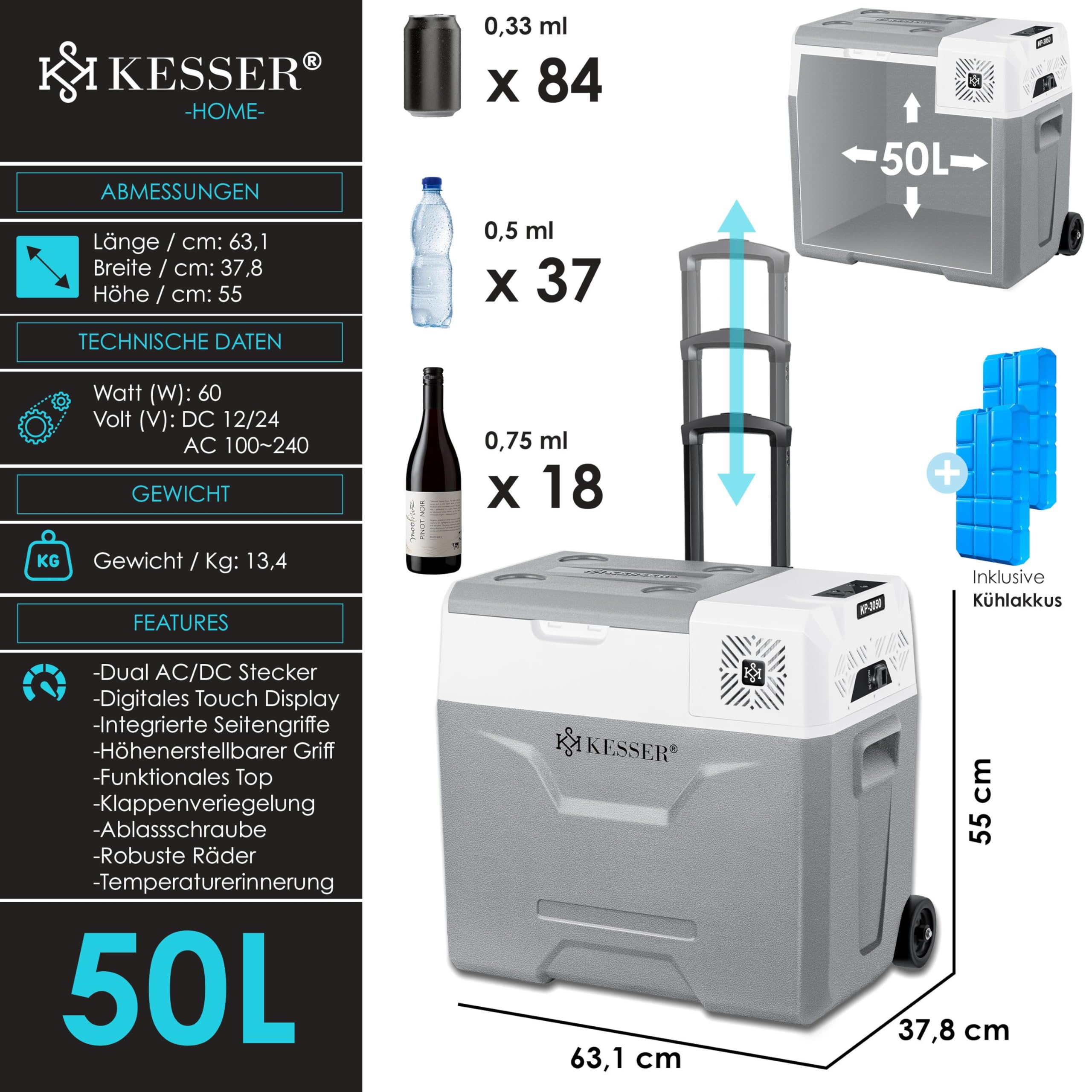 KESSER® Kompressor Kühlbox elektrisch Gefrierbox, 50 Liter Mit APP-Steuerung USB-Anschluss 12/24 V 230V, +Teleskopstange, 2x Kühlakkus Räder Kühlschrank Kühlung bis -20 °C für Auto, Lkw, Boot