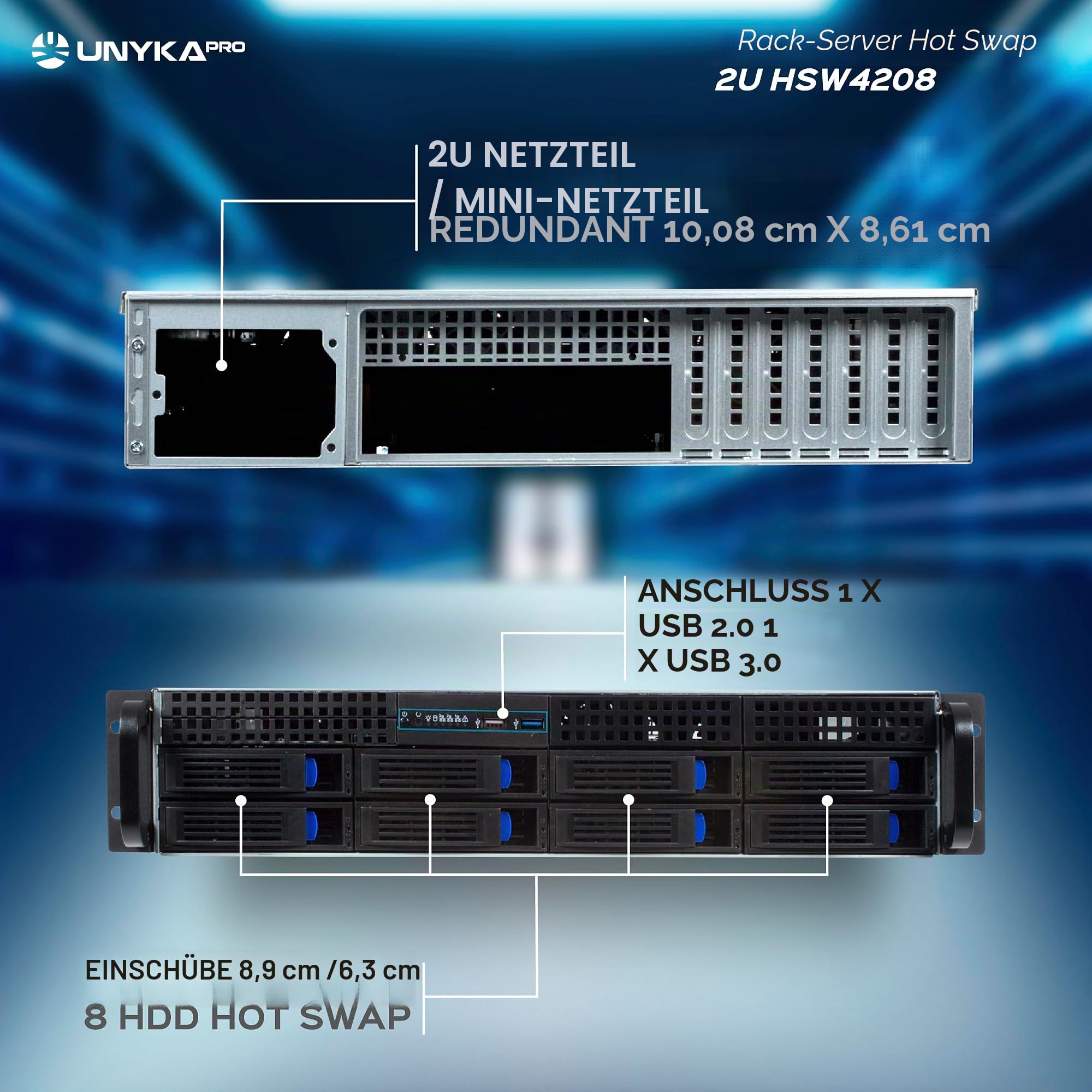 Unykach HSW4208 Hot Swap Rack-Gehäuse (Hot-Swap) 2U, ATX, 8 Einschübe, kompatibel mit 3,5- oder 2,5-Zoll-Laufwerken, 4 x 80-mm-Lüfter, 1 x USB 2.0 und 1 x USB 3.0