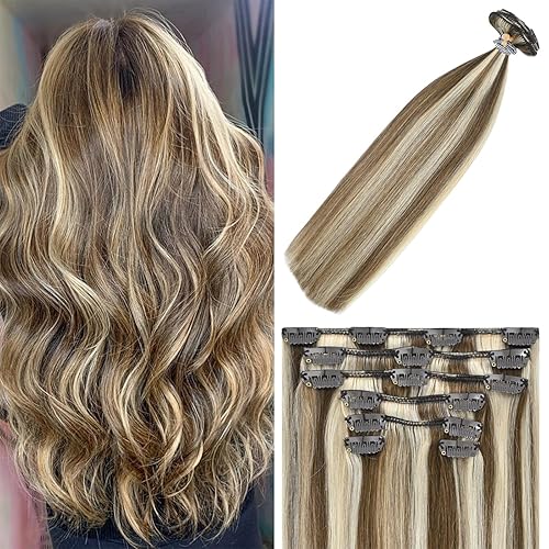 Miniatura 1 de Extensiones de cabello humano Remy con pinzas, color castaño claro a rubio con balayage, para cabeza completa, 2.47onzas, N.6p613, 18pulgadas, 7