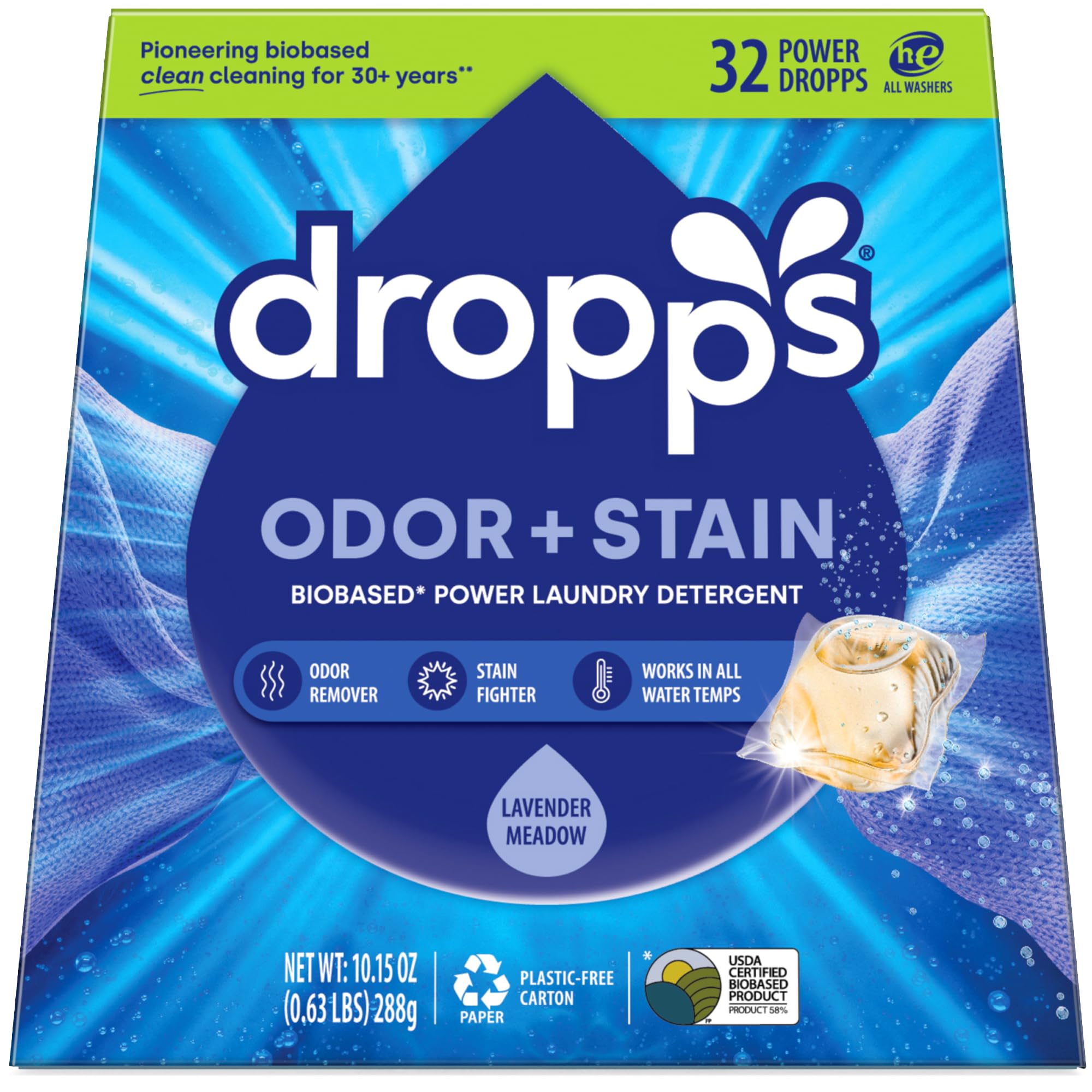 Dropps Stain & Odor Laundry Detergent | Lavender Eucalyptus, 32 Pods | Low-Waste Packaging | Works In All Machines - High Efficiency (HE) Compatible | Powered by Natural Plant-Based Ingredients